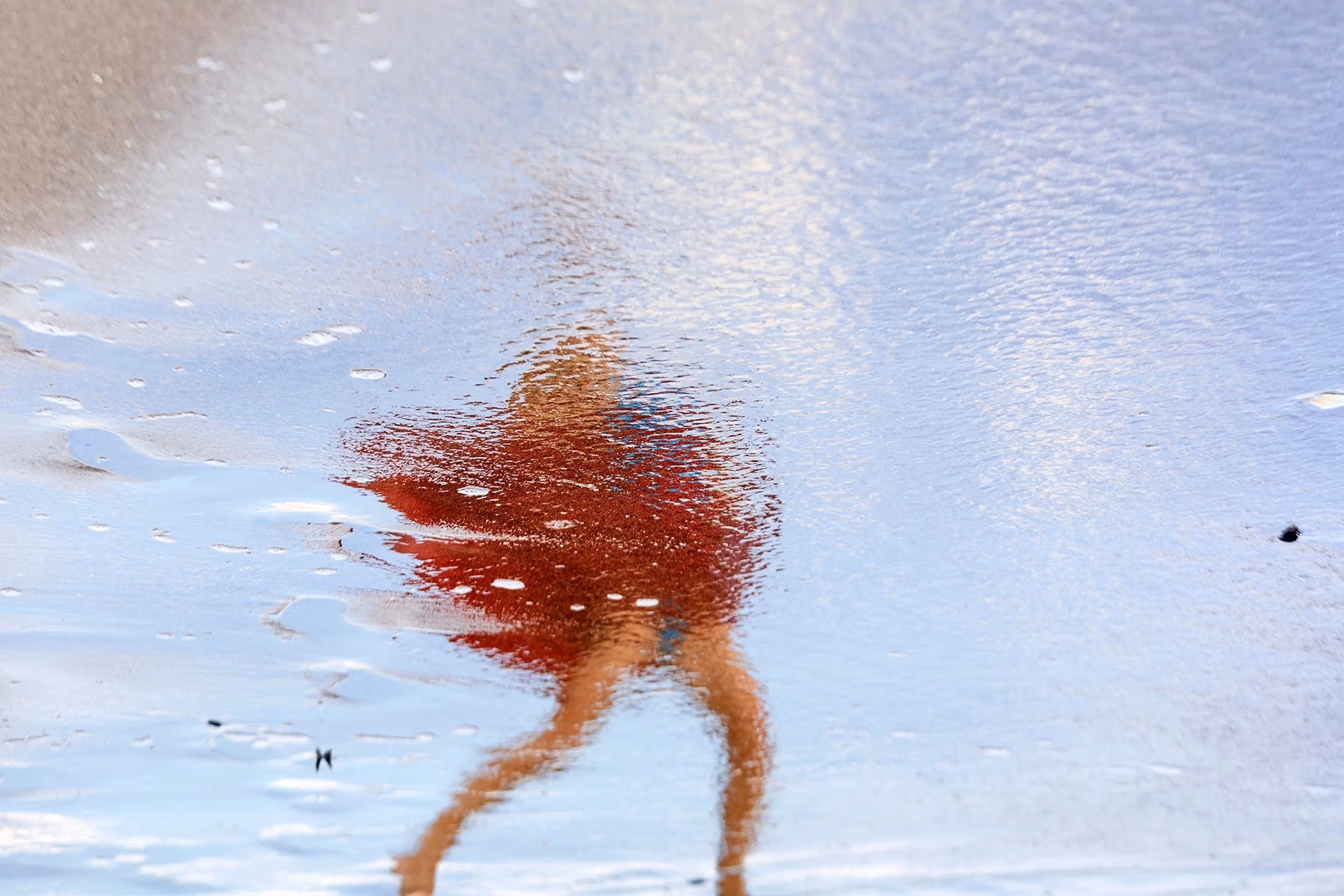 The mood is electric. Shimmering/Floating/Moving dancing red skirt in the process of dissolving above a pair of brown legs that look almost like stick figure that are also in the process of dissolving. It’s all against a light blue background of what seems to be a water of sky/foam/cloud.