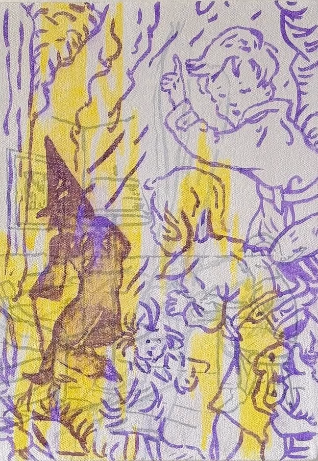 Painting of printed childhood images in purple and yellow.