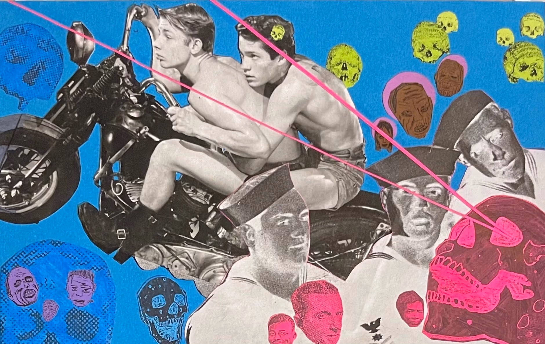 a collage on blue paper where the main focus is on two shirtless adolescent boys on a motorcycle. There are black and white inverted photos of what appear to be sailors as well as other faces and skulls in different colors in the backgorund.