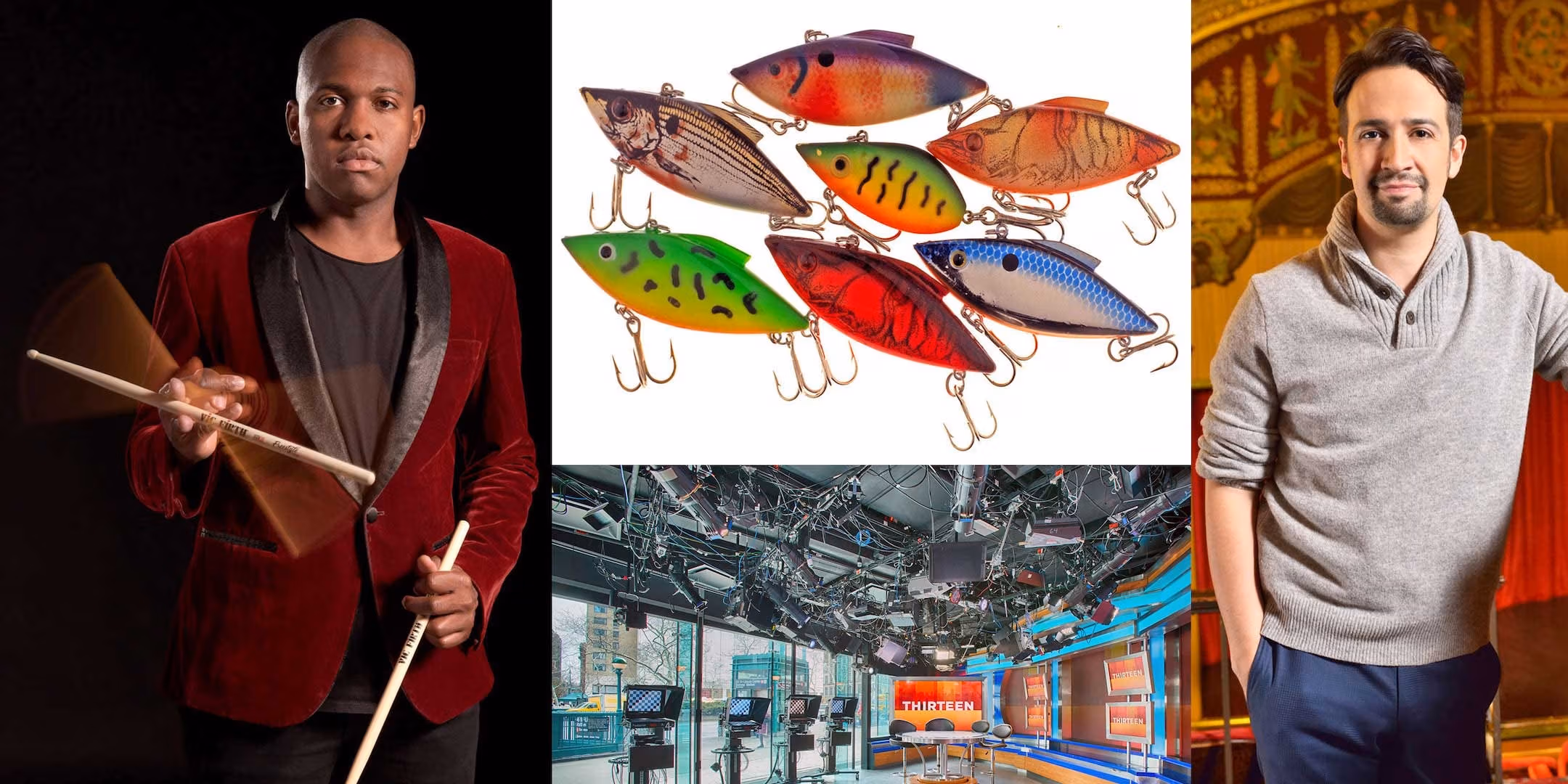 Lighting Event Joseph Sinnott examples, man with drumsticks, tackle boxes, tv show room, Lin-Manuel Miranda