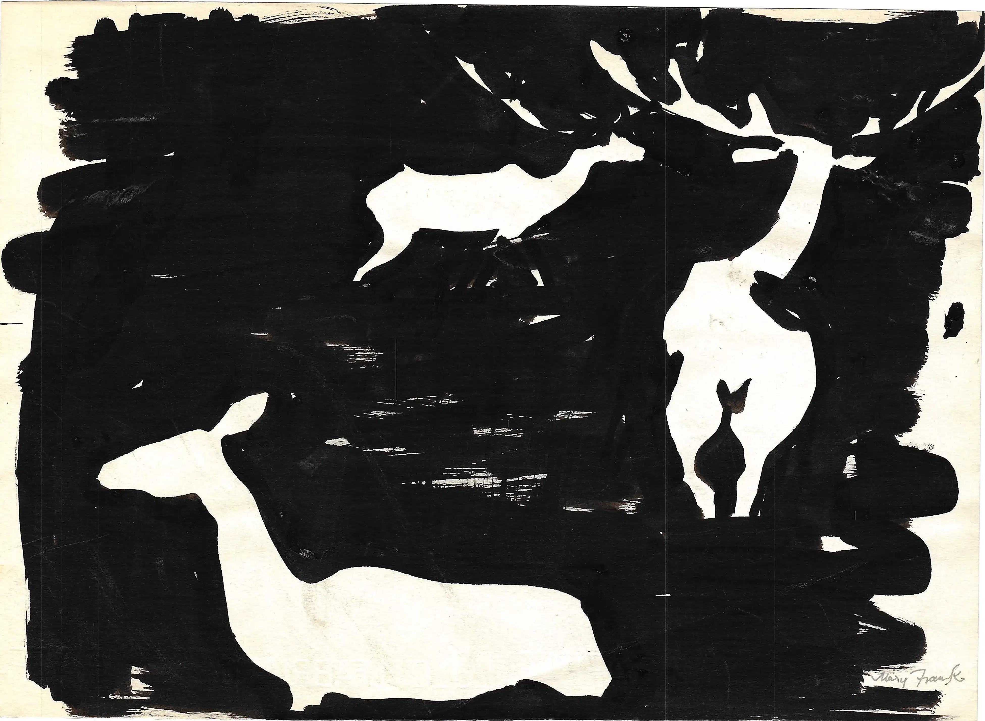 Black and white ink painting of deer