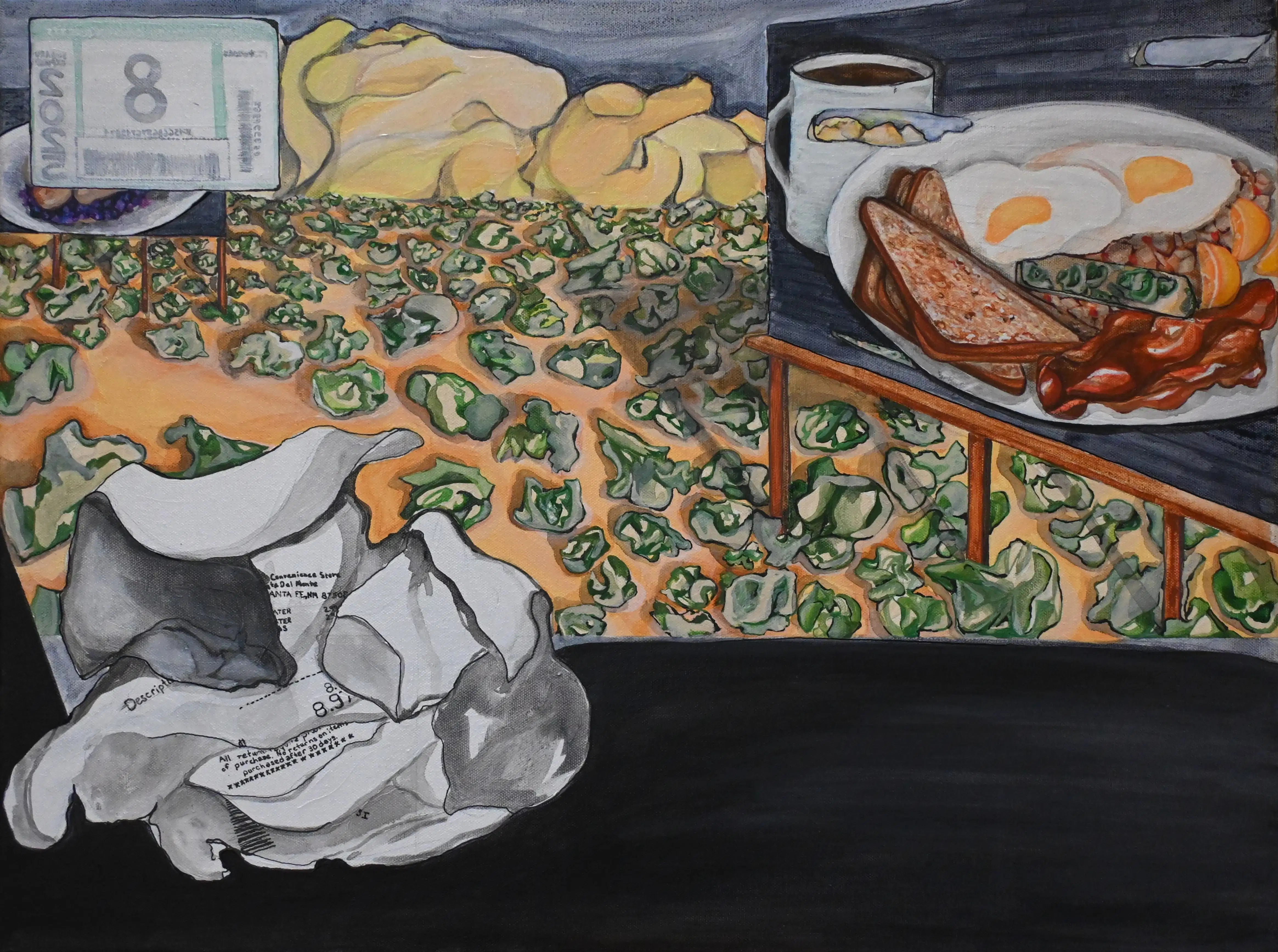 A painting of the West from the persepctive of someone's car dashboard. There is a crumpled receipt to the left and a billboard advertising eggs, bacon and toast to the right.