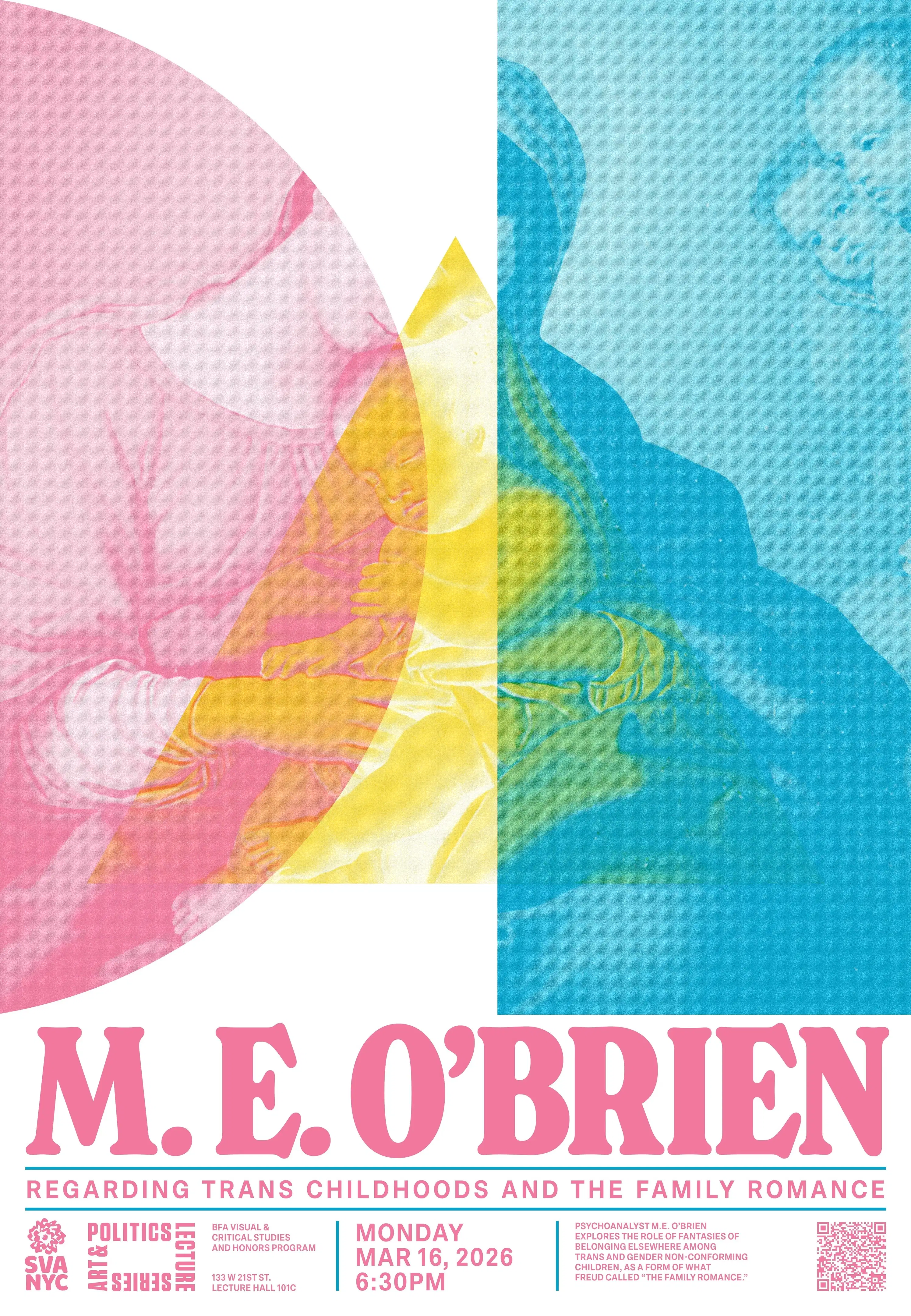 Event Poster, Madonna and Child with Pink and Blue on either end, and Yellow Triangle at Center 