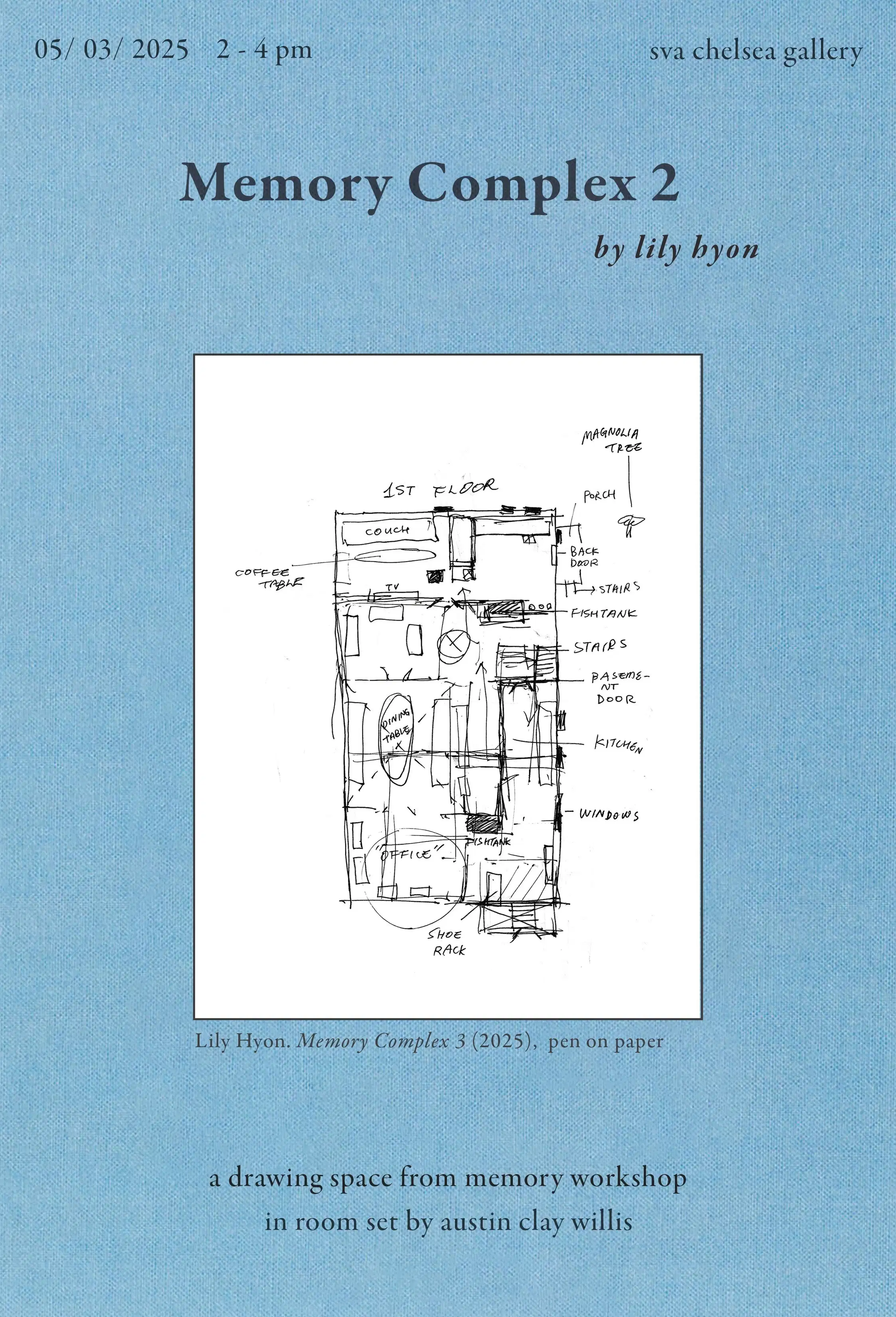 A black and white pen drawing showing the aerial view of an interior space is placed upon a blue textile surface. The words "Memory Complex 2" float above in black.