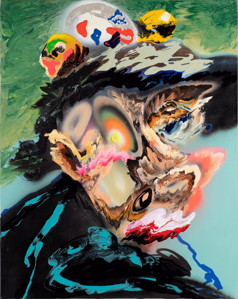 A painting by Minseok Kang showing an abstract figure painted in a mix of bright colors.