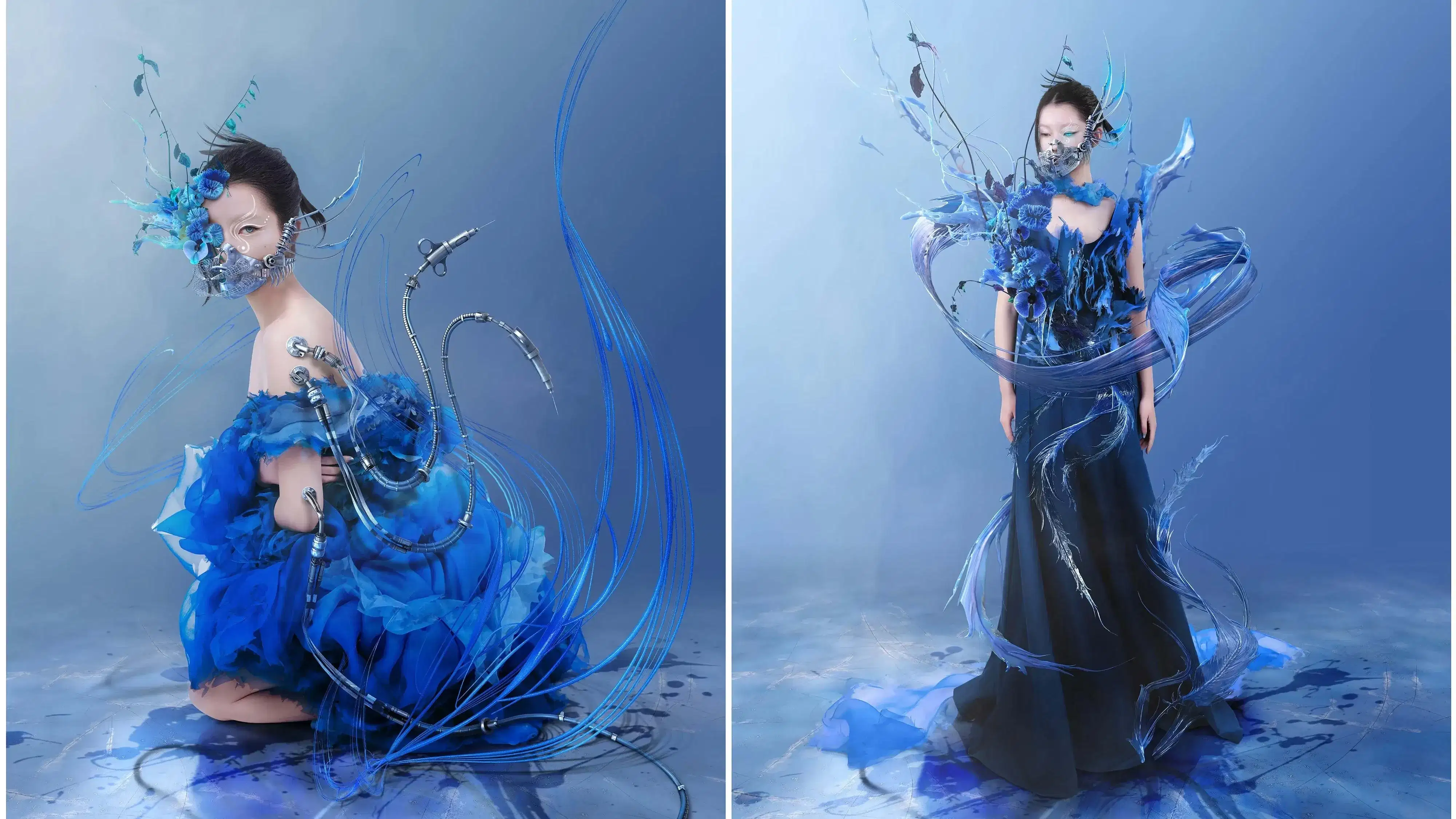 Two panels showing augmented portrait photography, with the same figure in both while surrounded by swaths of material and wearing a floral and metal mask. On the left panel, the figure is on their knees looking at the camera as mechanical tendrils with syringe and suction cup ends wave around them.