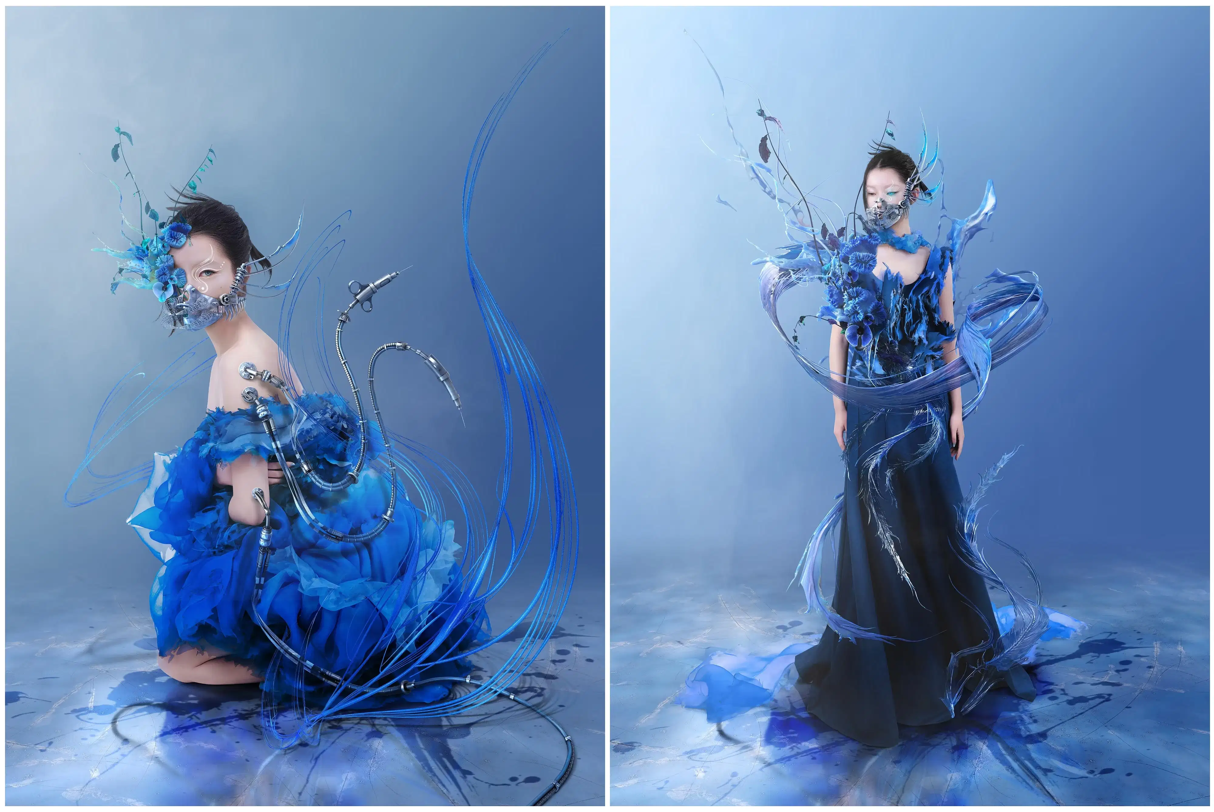 Two panels showing augmented portrait photography, with the same figure in both while surrounded by swaths of material and wearing a floral and metal mask. On the left panel, the figure is on their knees looking at the camera as mechanical tendrils with syringe and suction cup ends wave around them.