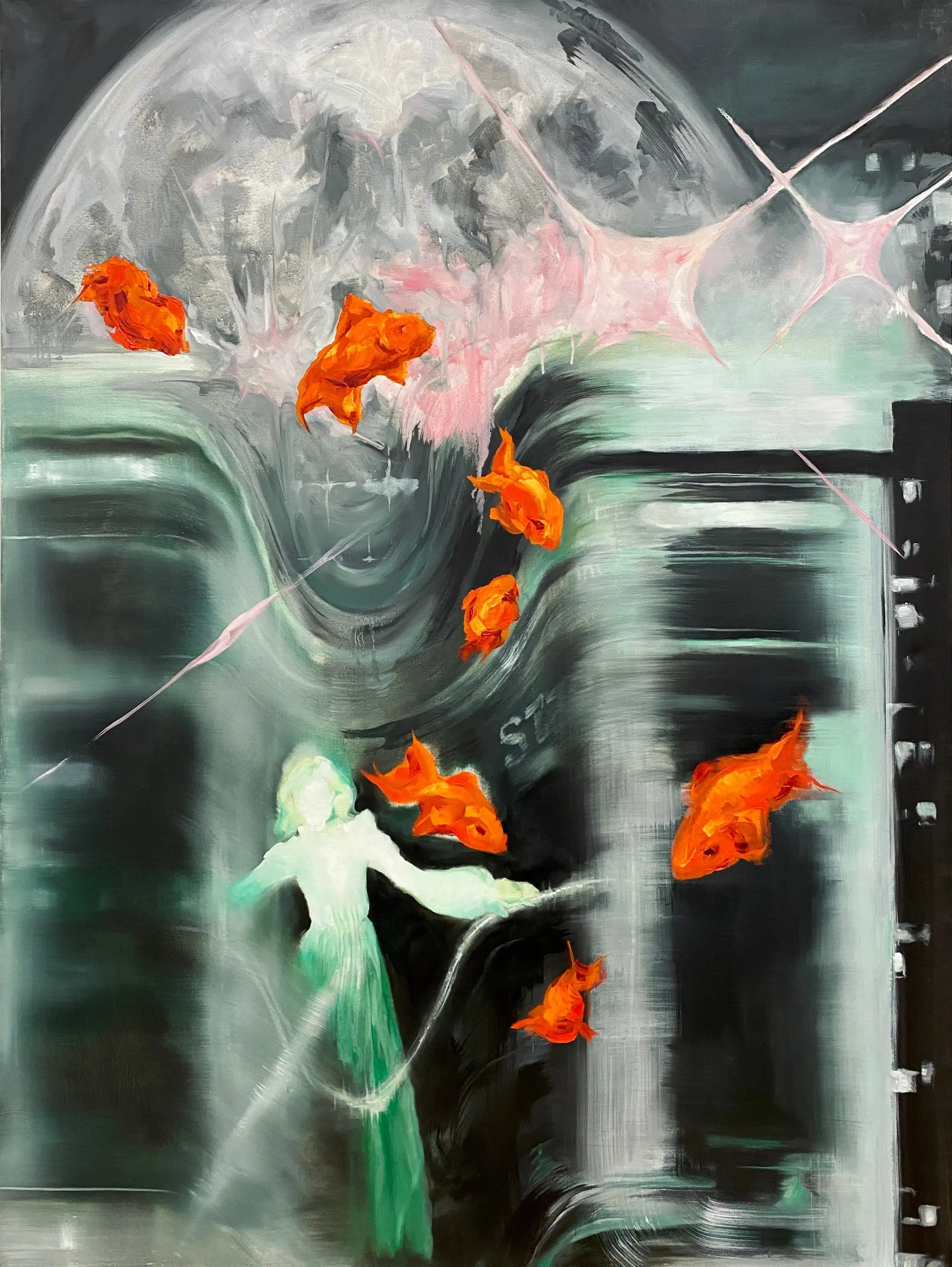 Impressionistic painting depicting a figure underwater, surrounded by goldfish that swim around them and emerge from the water overhead. In the background, a full moon rises beyond the horizon.