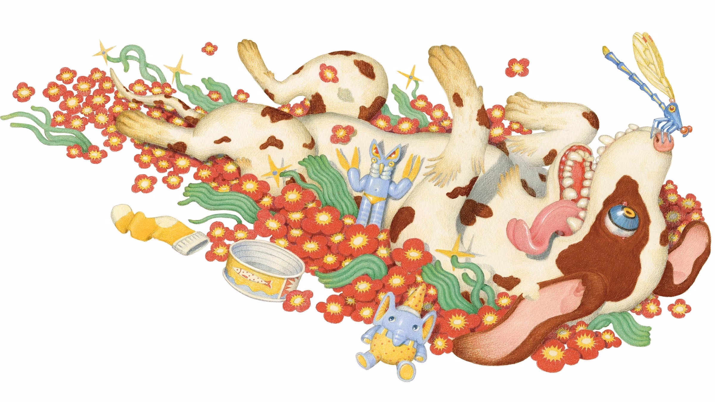 A brown and white dog lies happily on his back in a small field of highly stylized flowers.  The dog is surrounded by their favorite things, including a dragonfly, empty food cans, plastic toys, and discarded socks.