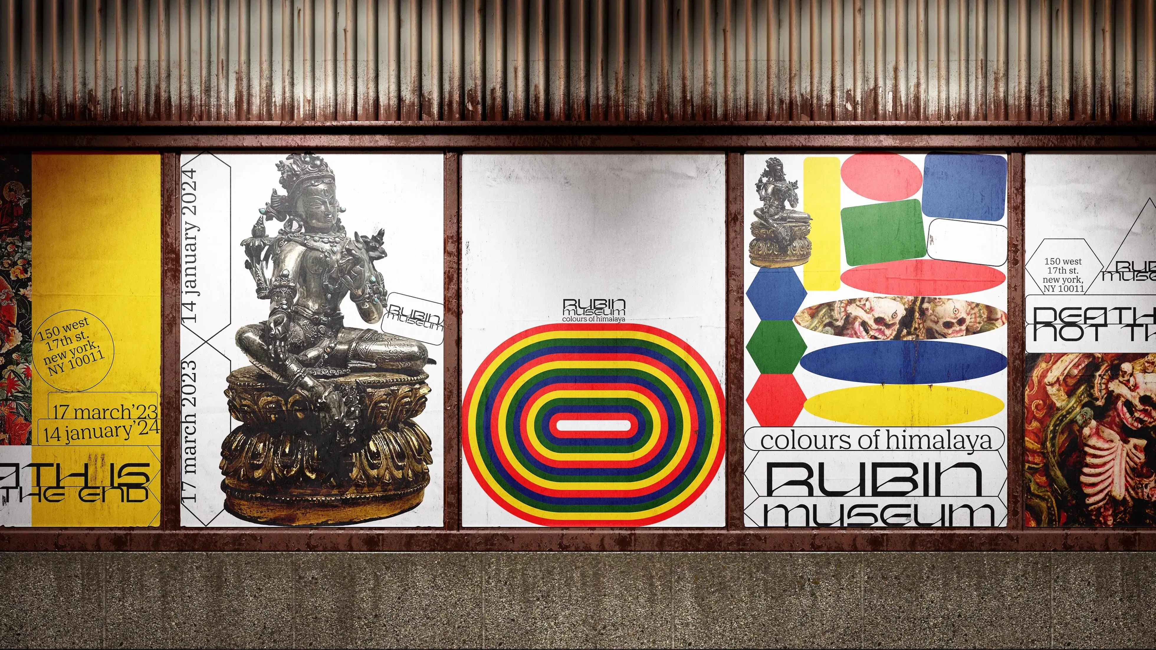 An urban display of various posters for the Rubin Museum, which includes an intricate sculpture image and multicolored geometric elements.