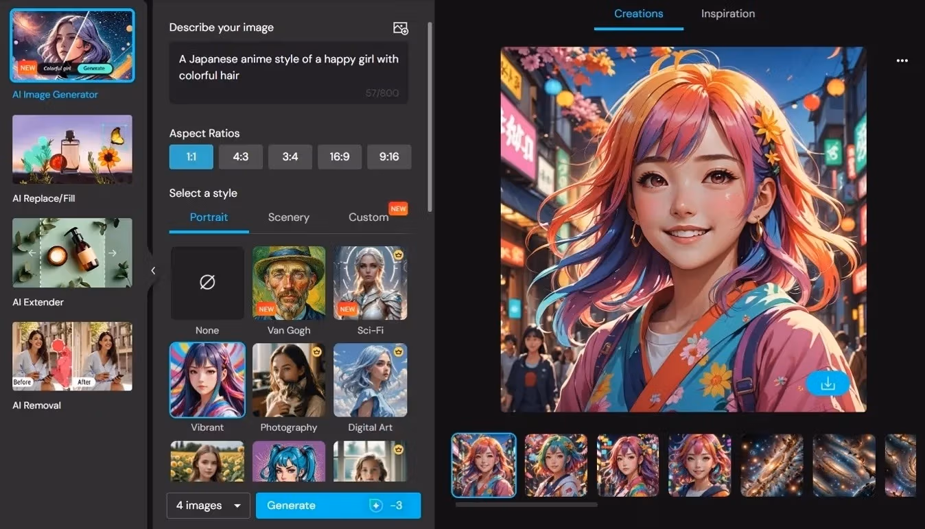 AI image generation interface featuring an illustration of a smiling girl.