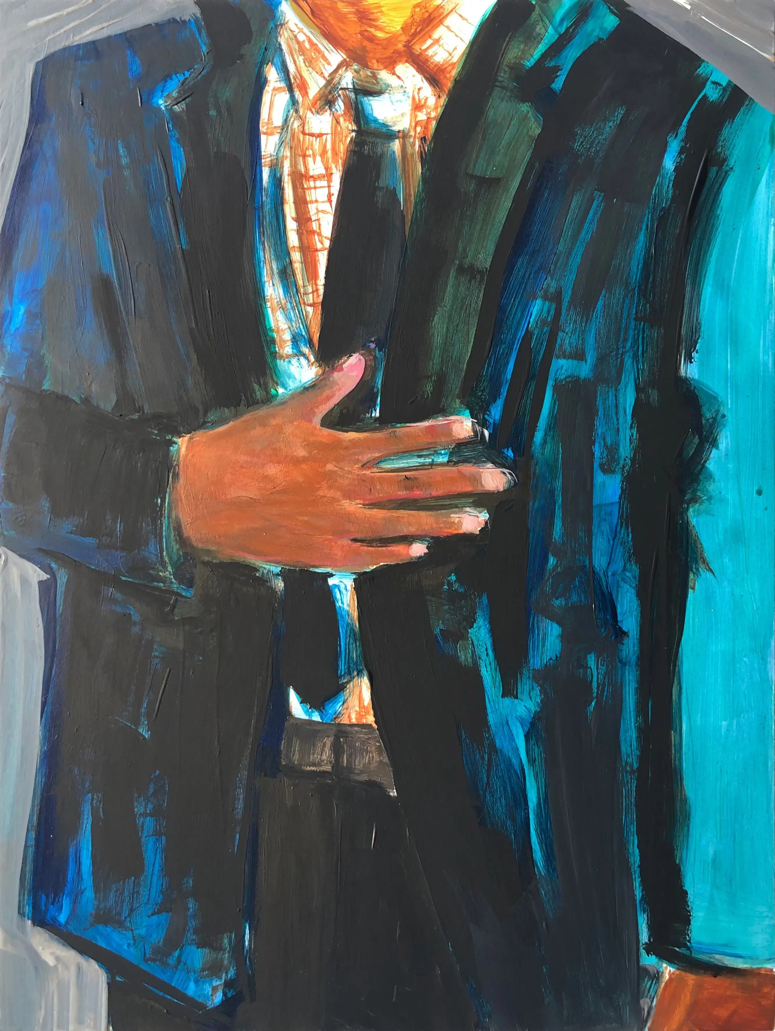 Painting of a man's torso. The man is wearing a blue suit jacket and his hand is resting on his stomach.