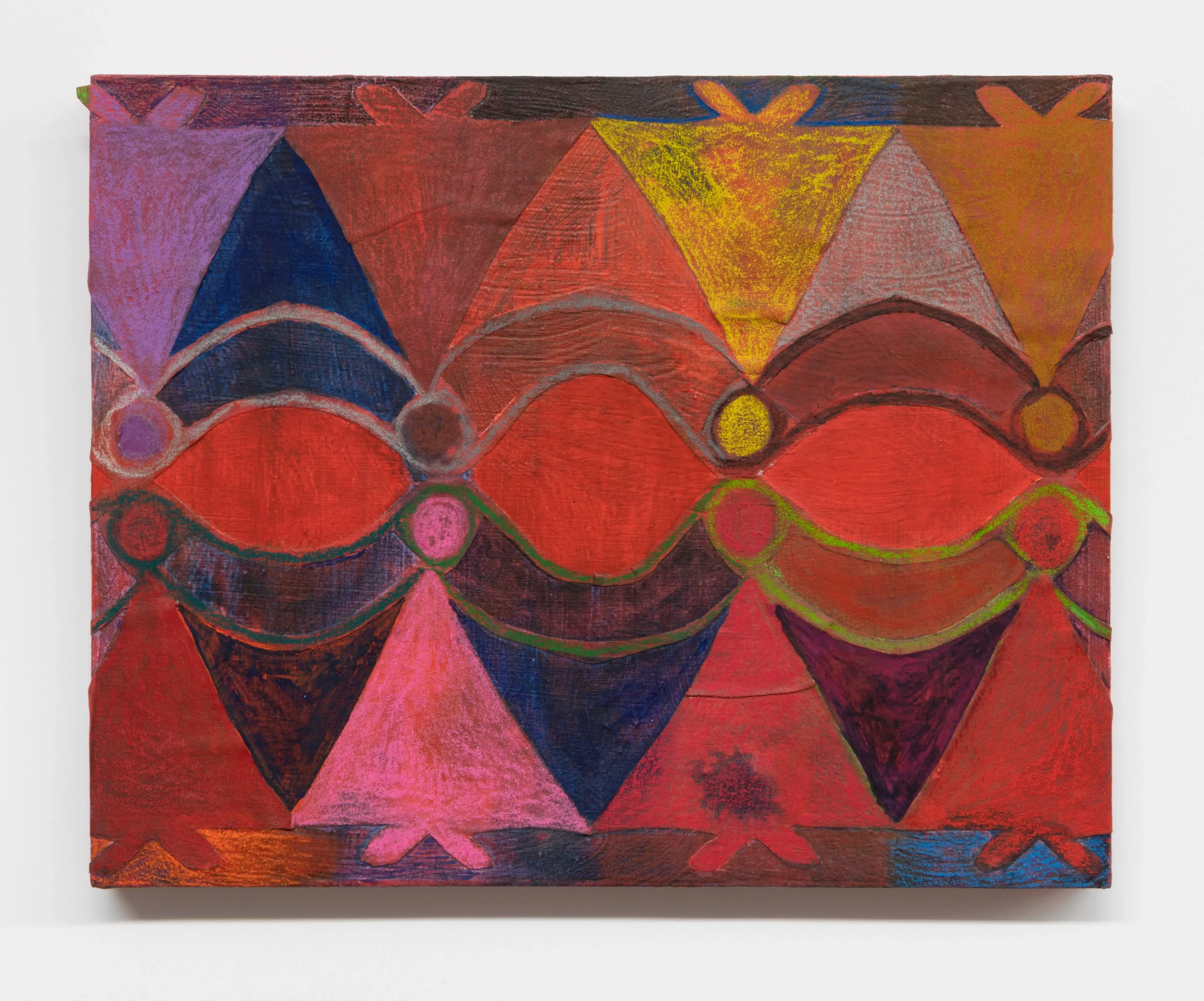 Painting of two sets of paper doll chains mirrored, on a red field with pops of pink, yellow, and purple.