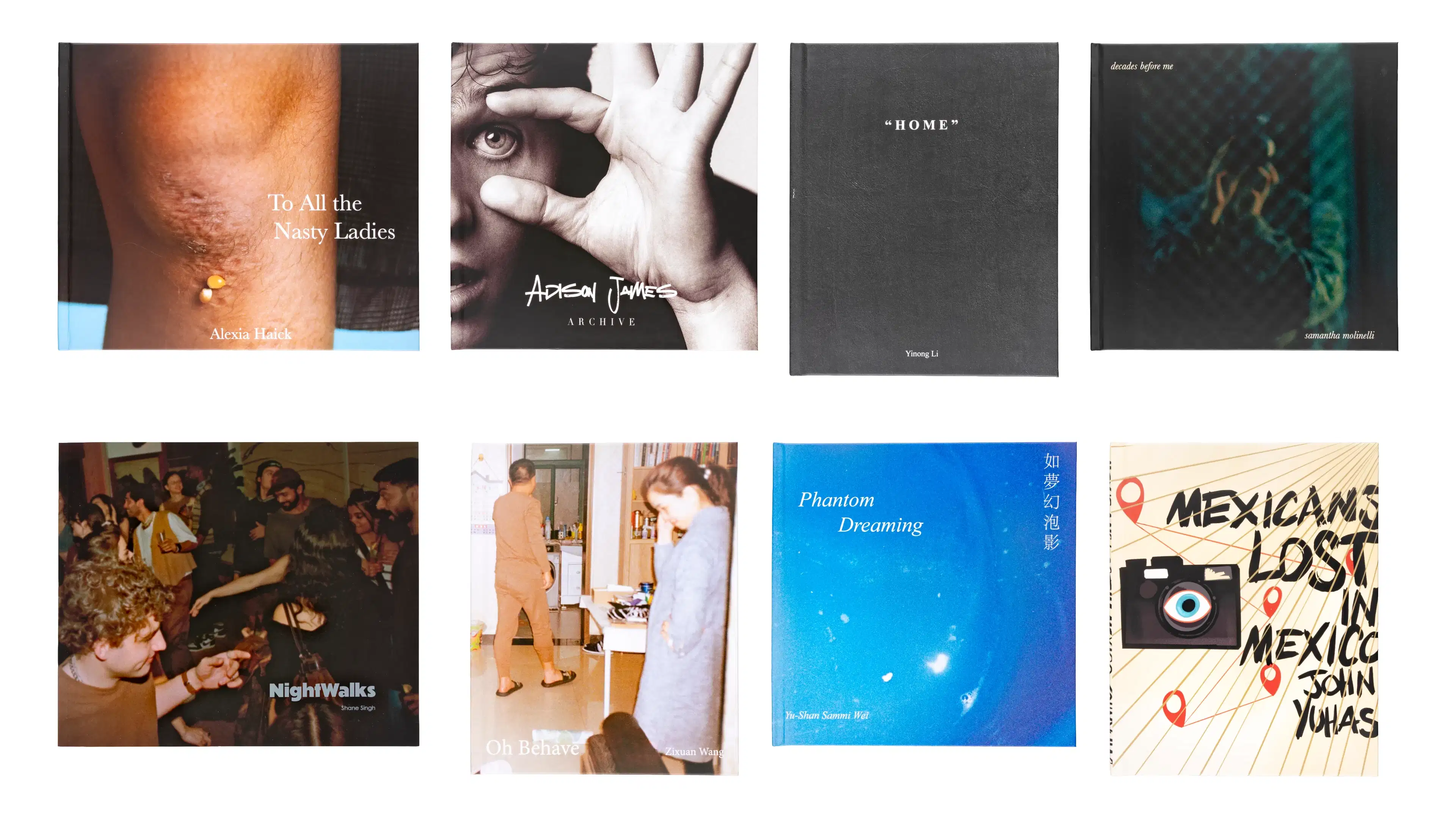 Eight student monograph covers sit in a grid.