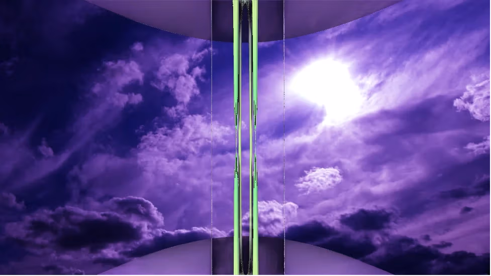 Purple-tinted clouds with vertical green "glitch"-aesthetic lines rising from the center of the video still.