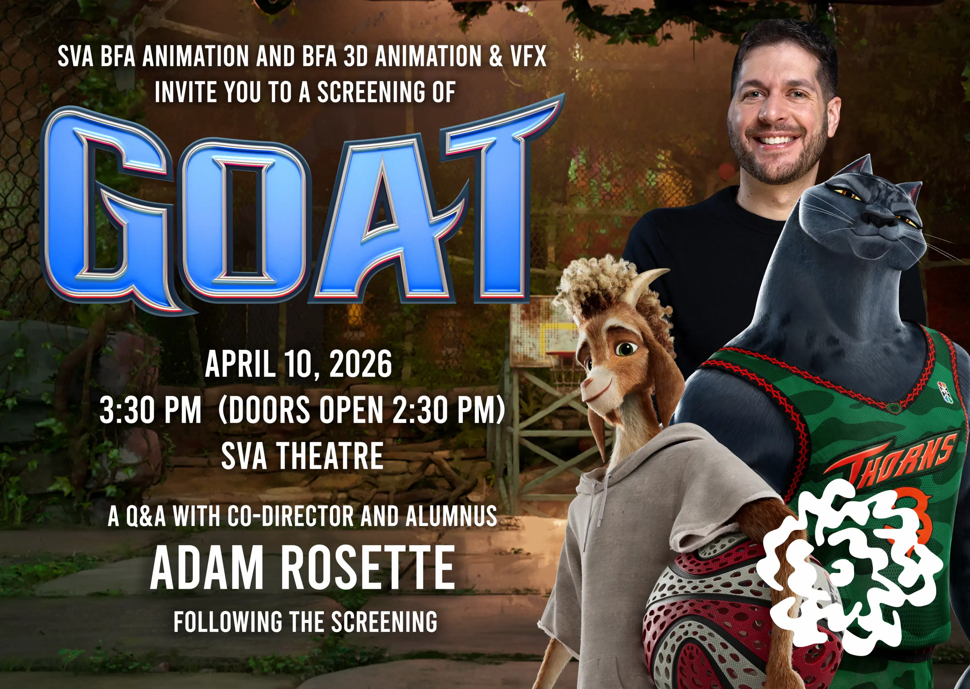 GOAT in blue lettering across an event graphic, two animated characters, and one human individual posing.