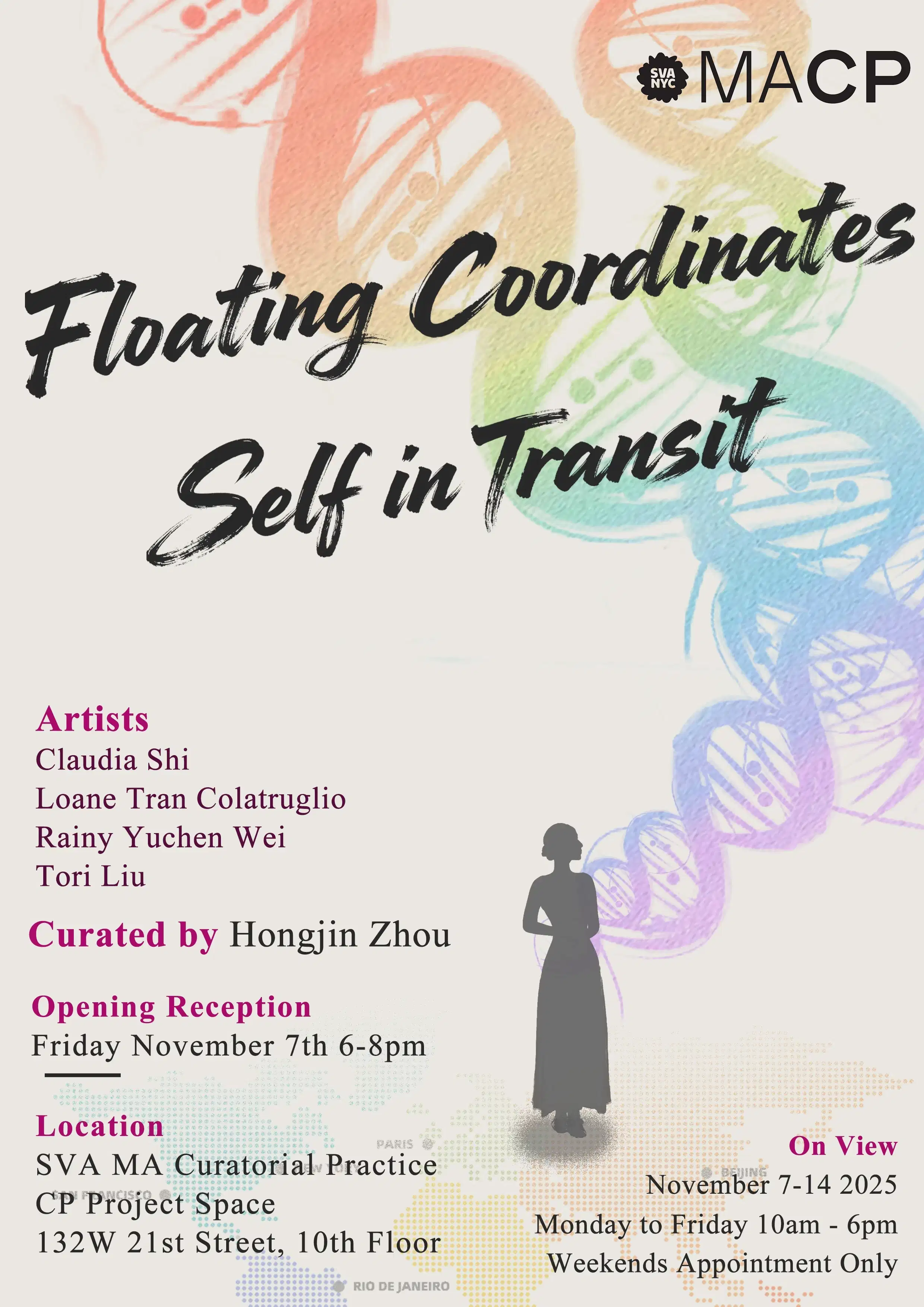 an illustration of a feminine figure with a rainbow helix behind it 