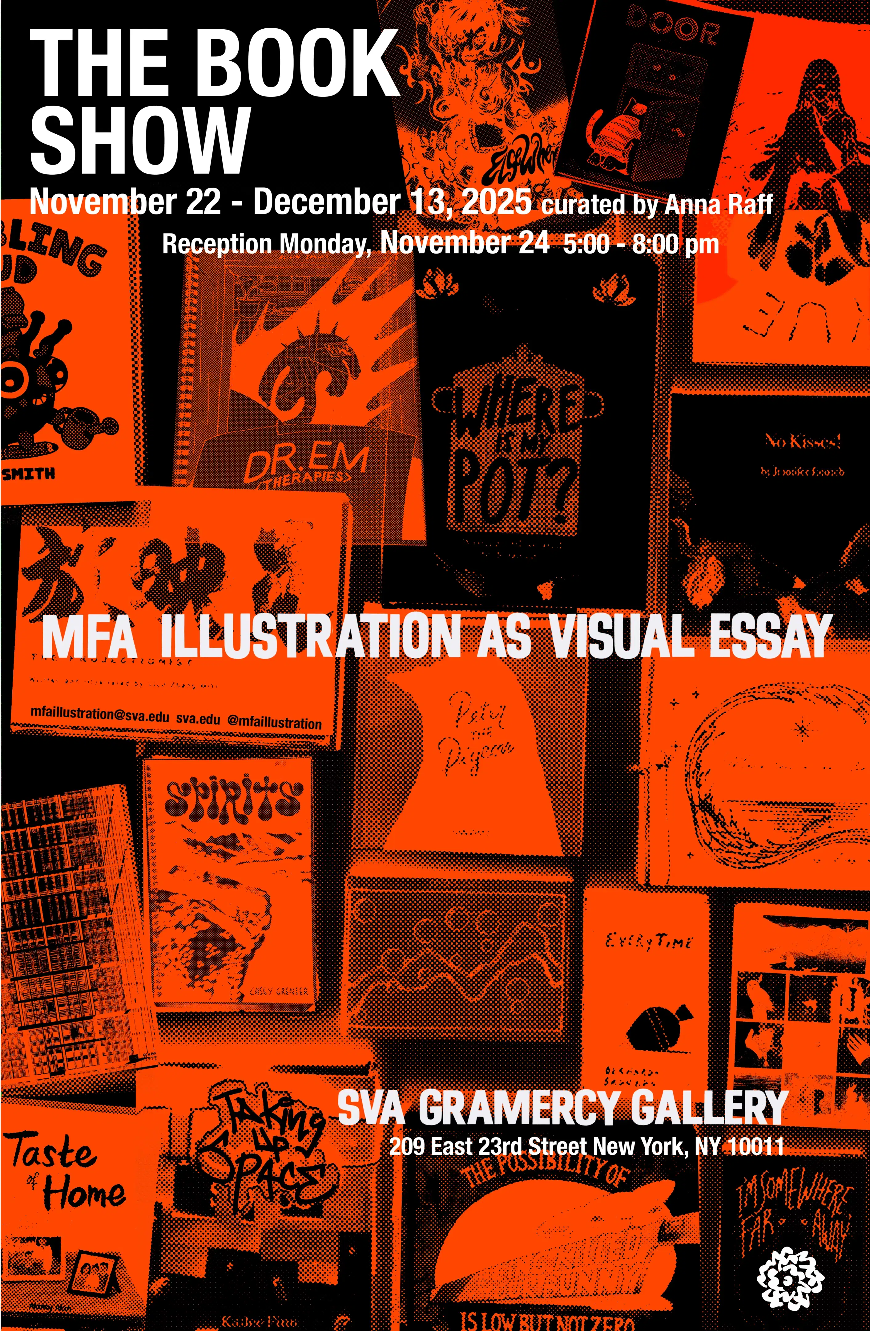 Photograph of 19 book covers with a wash of red over entire image, along with text annnouncing the event 