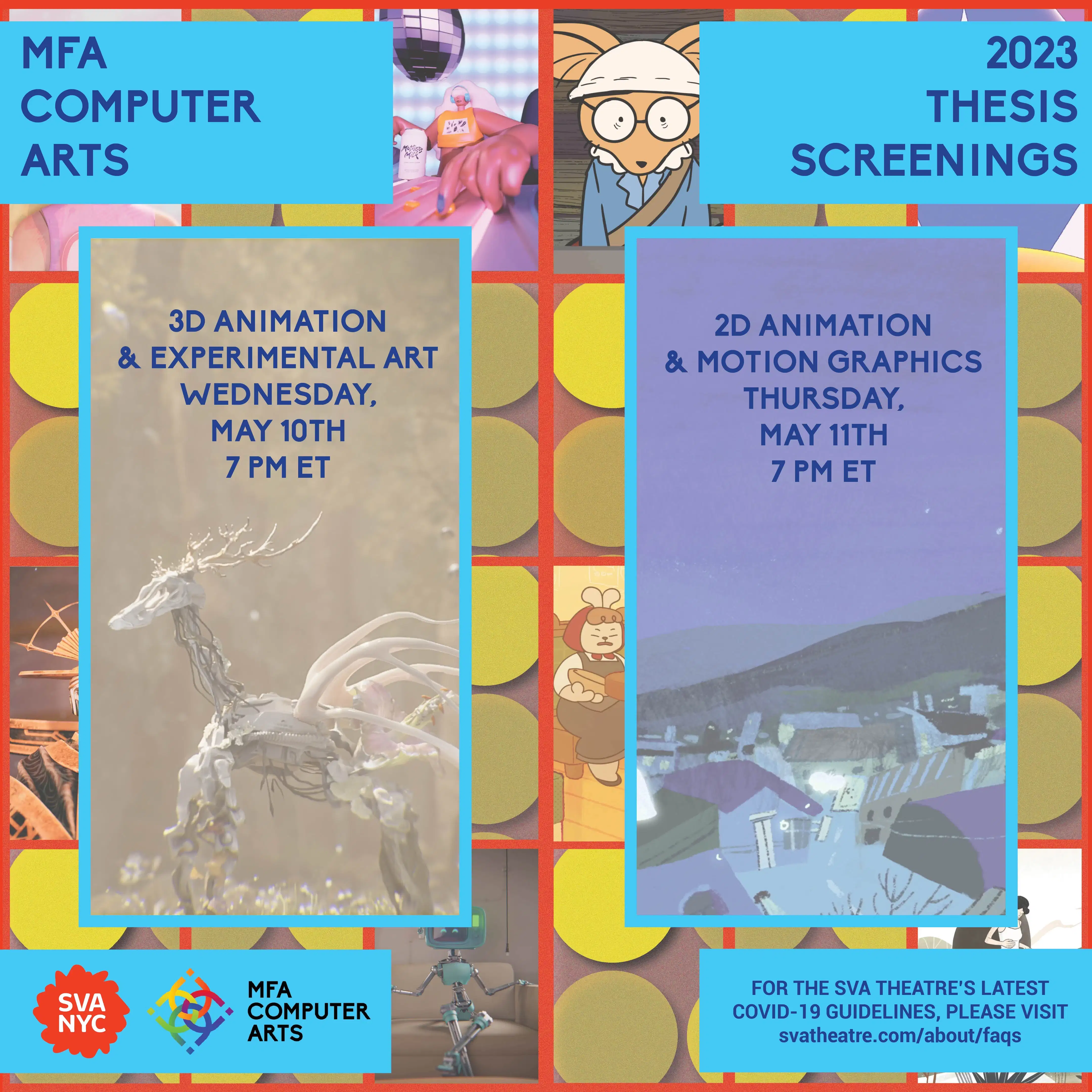 Poster including all event information and stills from films that will be shown at the screening, including a cyborg deer and a nighttime view of a village