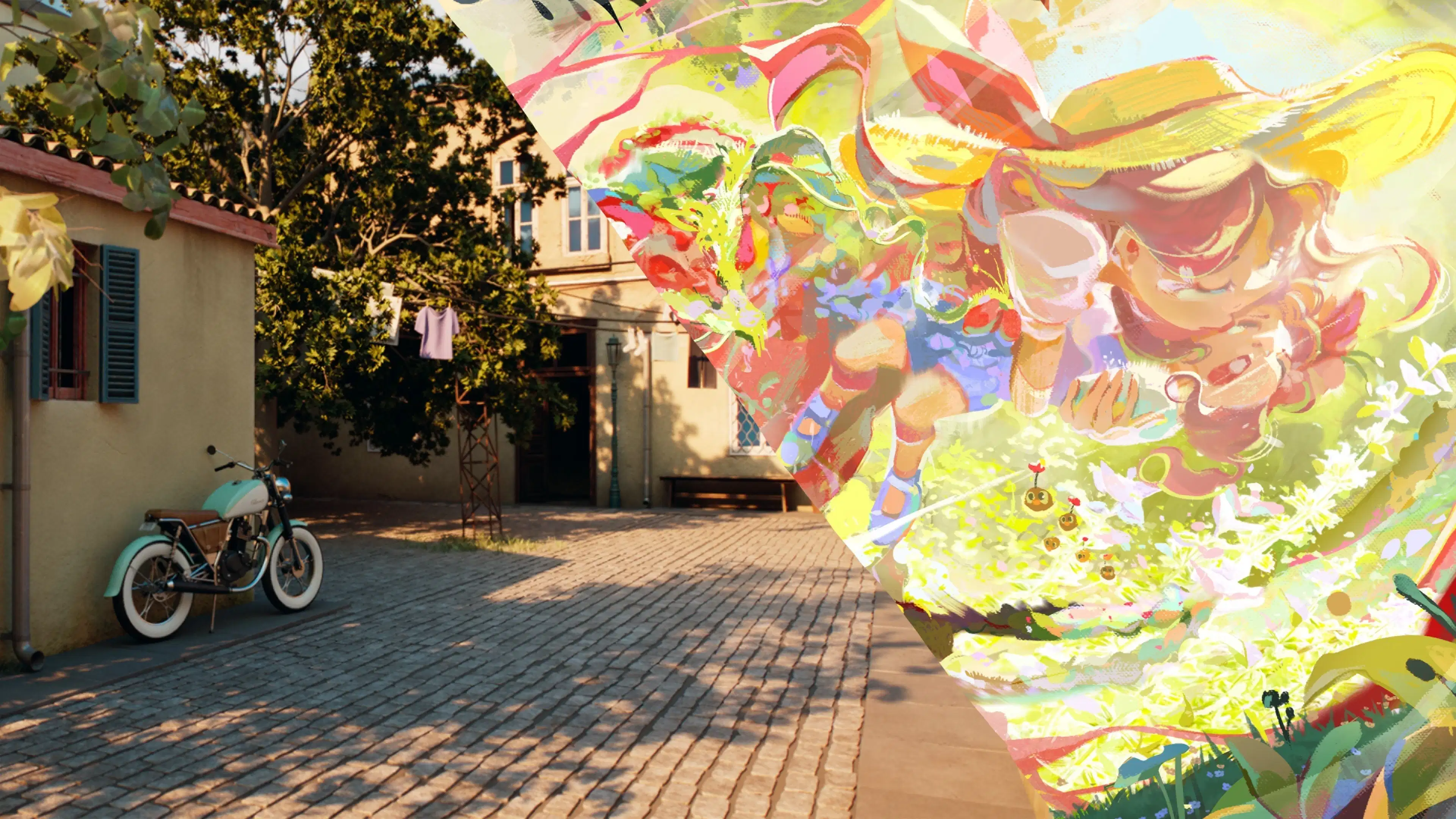 3D animation image of outdoor space with cobblestone street with a teal bike leaning against a terracotta brick building. 