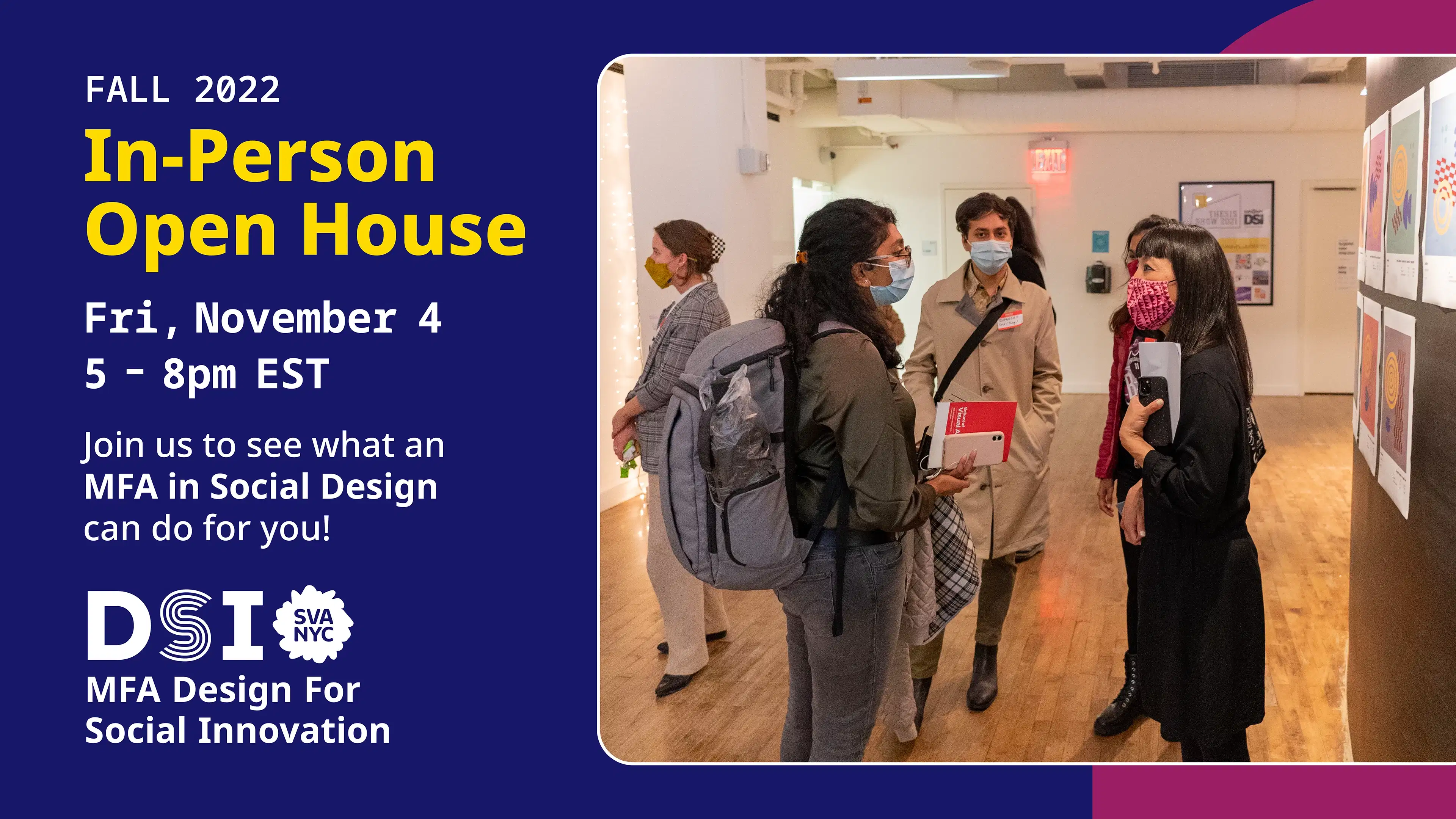 Graphic that contains in-person open house information and a graphic of DSI chair, Miya Osaki, talking to students in the studio.