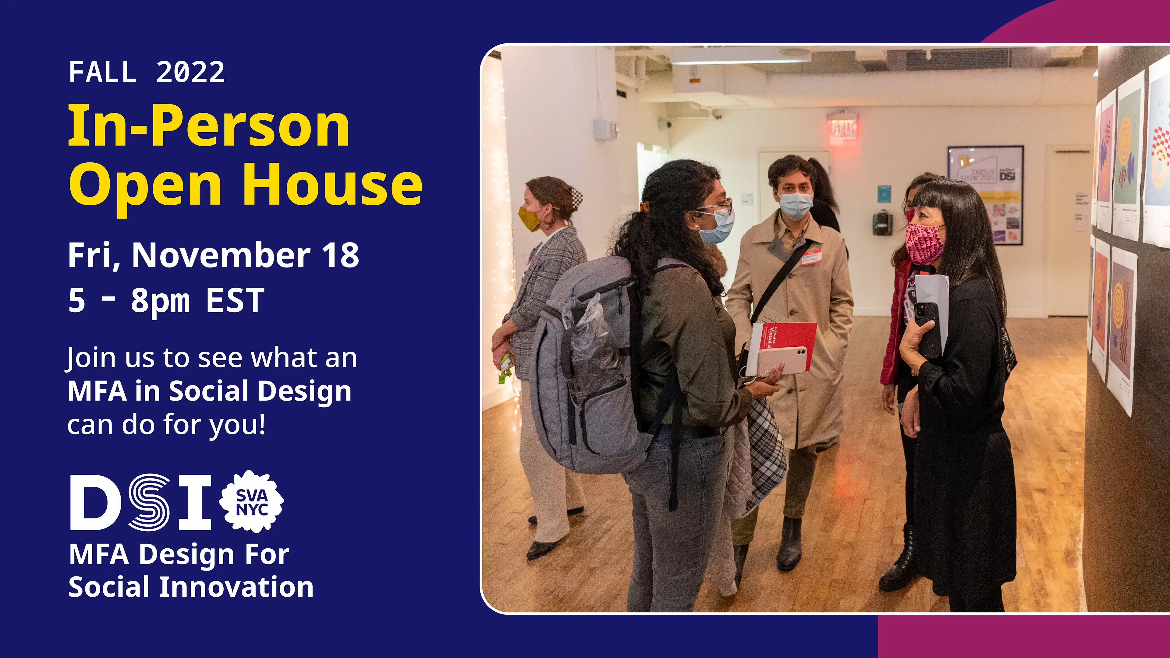 Graphic that contains in-person open house information and a graphic of DSI chair, Miya Osaki, talking to students in the studio.