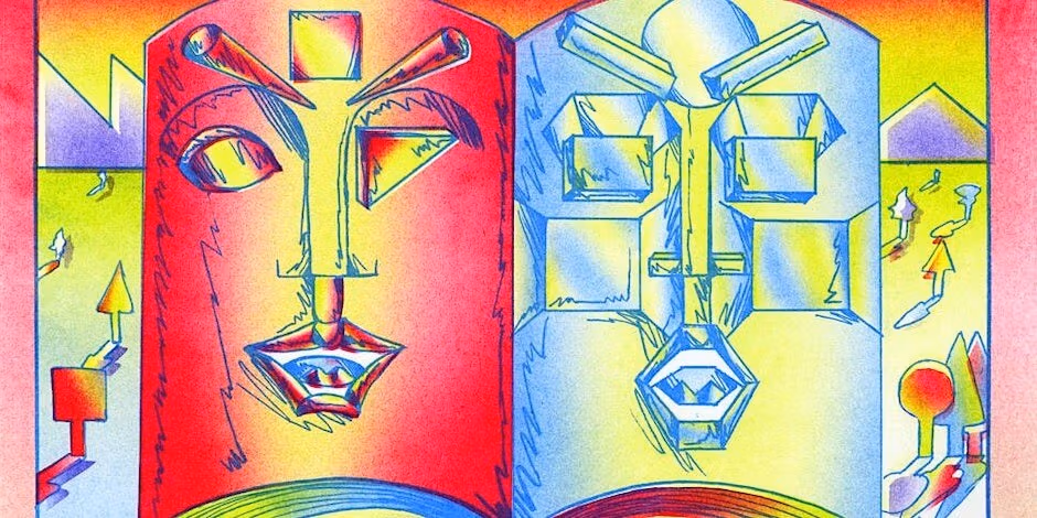 A Riso print of an open book with geometric faces on each page. The colors are bright red, yellow, and a soft blue.