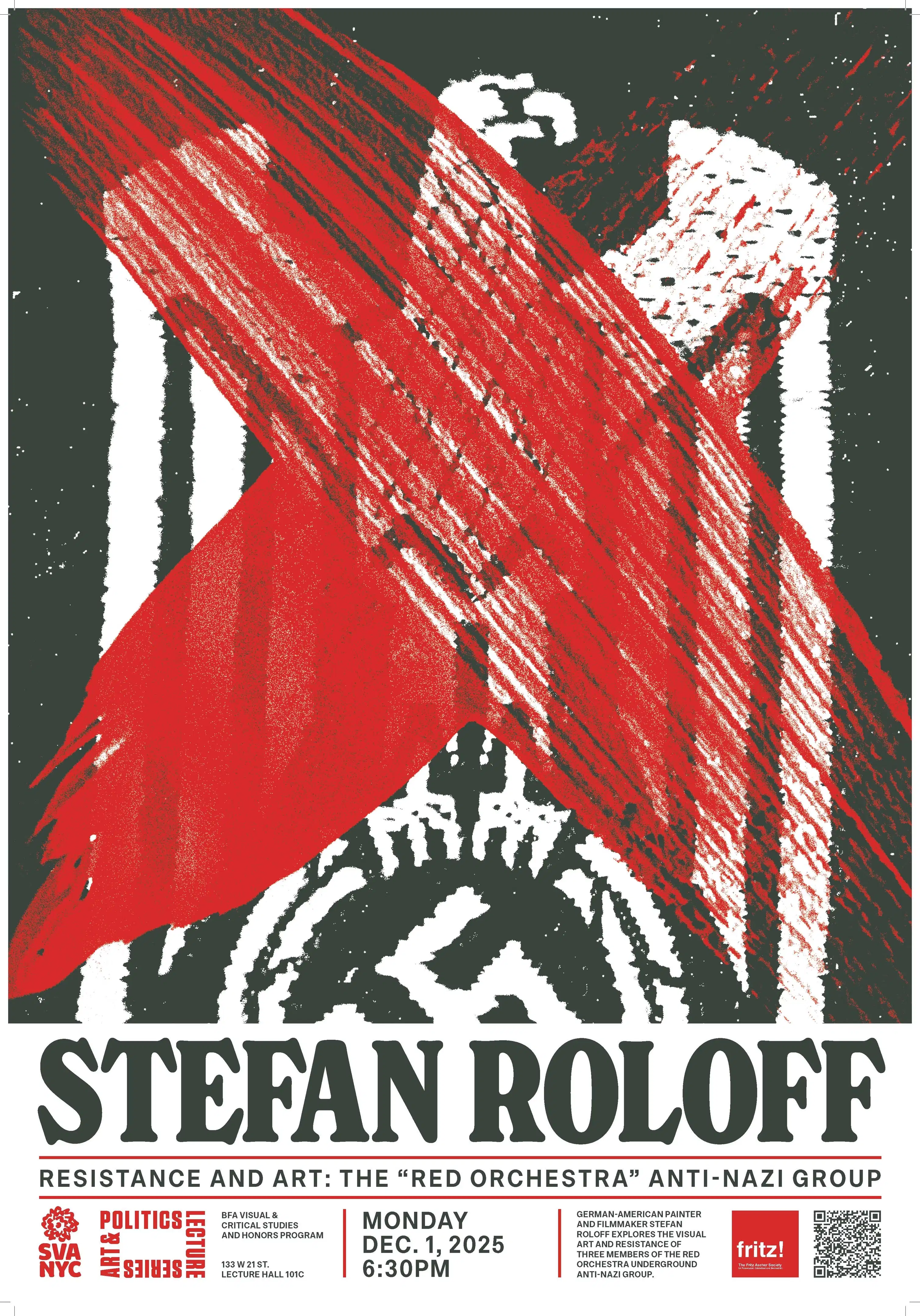 Poster for event, red paint crossing off a Nazi eagle symbol