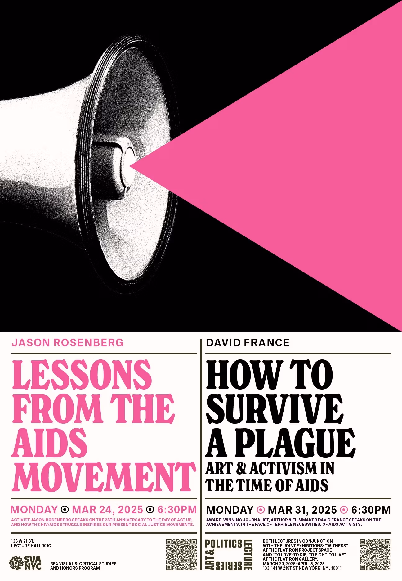 Poster with megaphone, pink triangle, two events listed