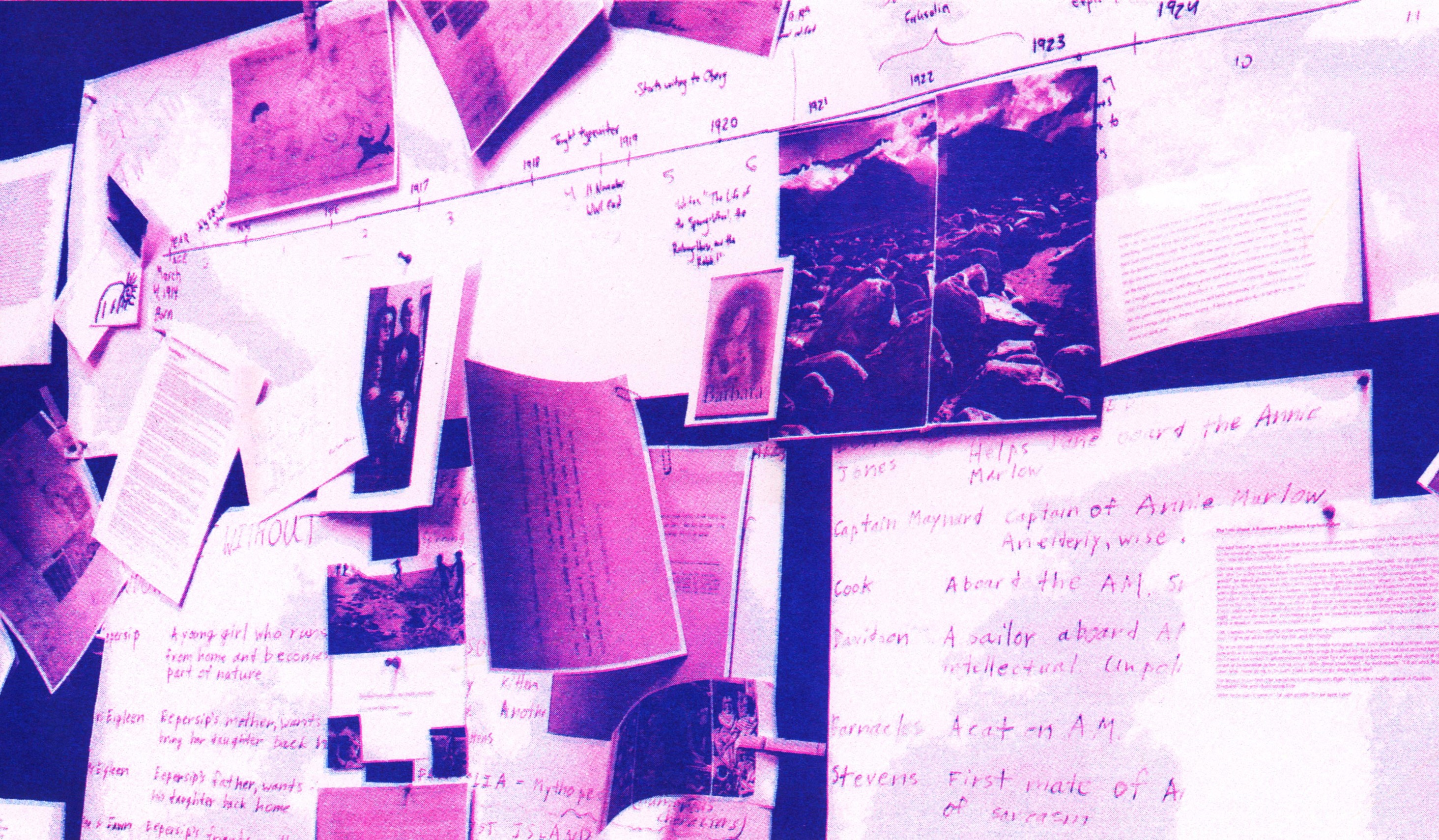 various papers with writing on wall in pink hue