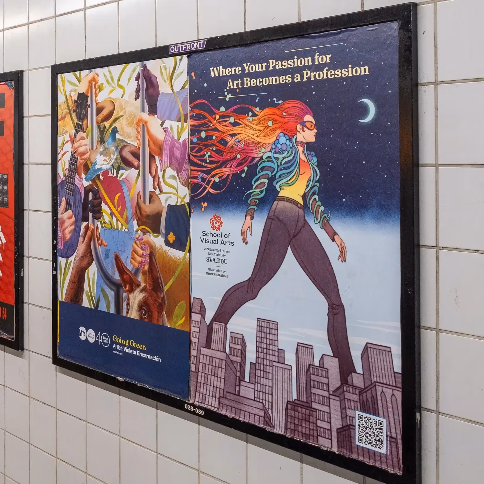 posters pasted on the walls of a subway platform with people walking by