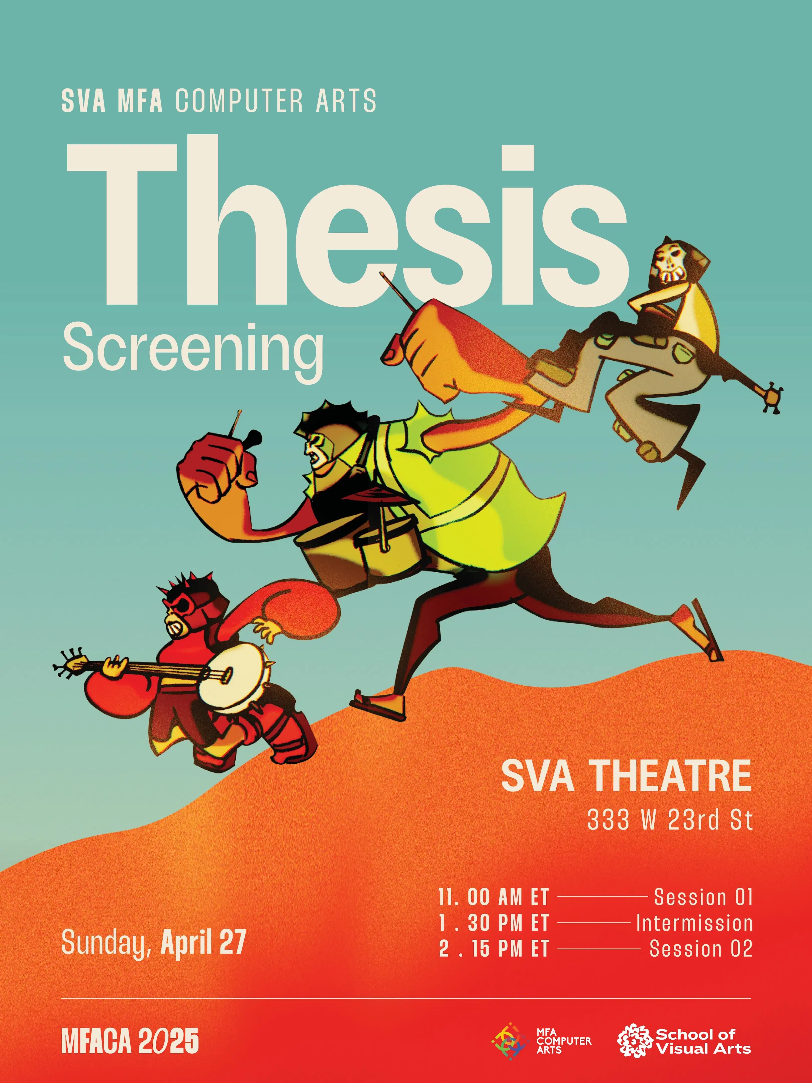 Poster with event details and a band of three dressed in monkey costumes running down a hill with their instruments 