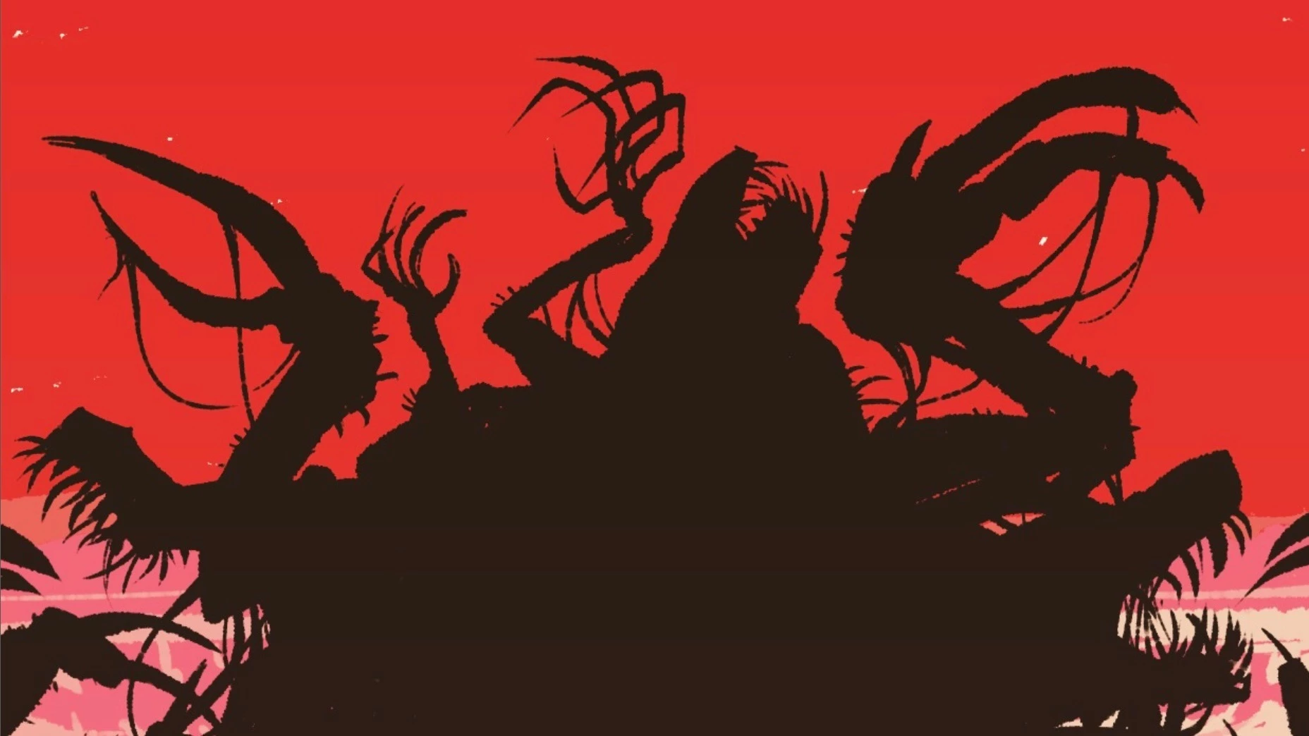 A black and red illustration of the silhouette of a monster.