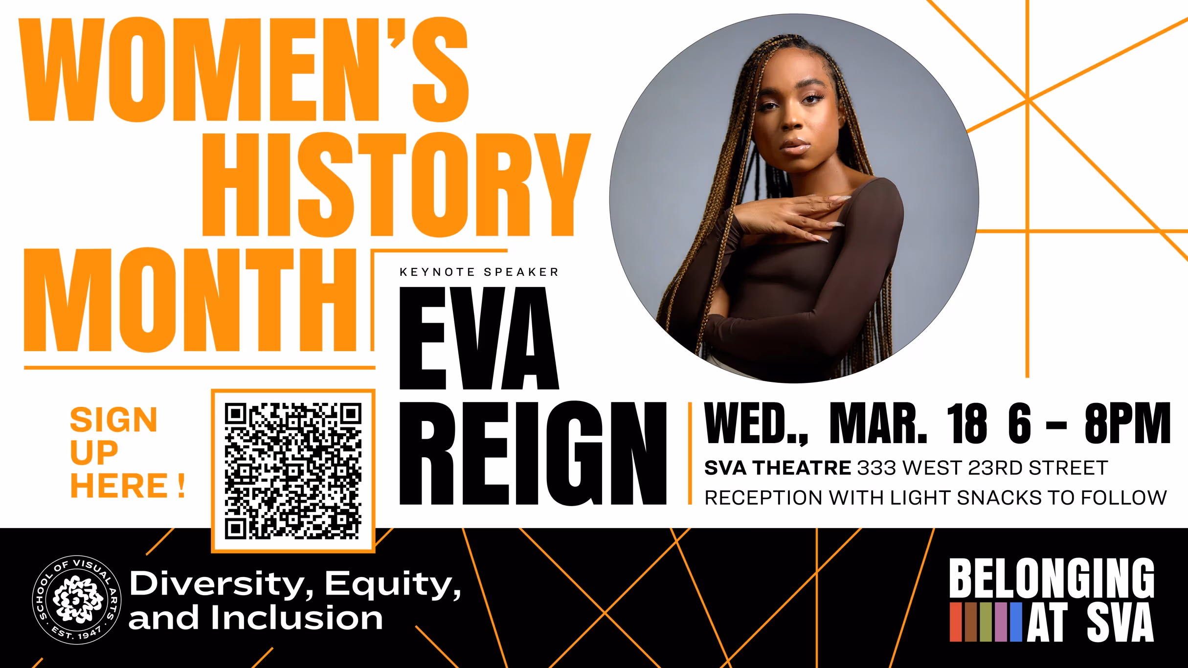 a graphic design featuring the title "women's history month eva reign" and an image of a woman in a brown long sleeve shirt