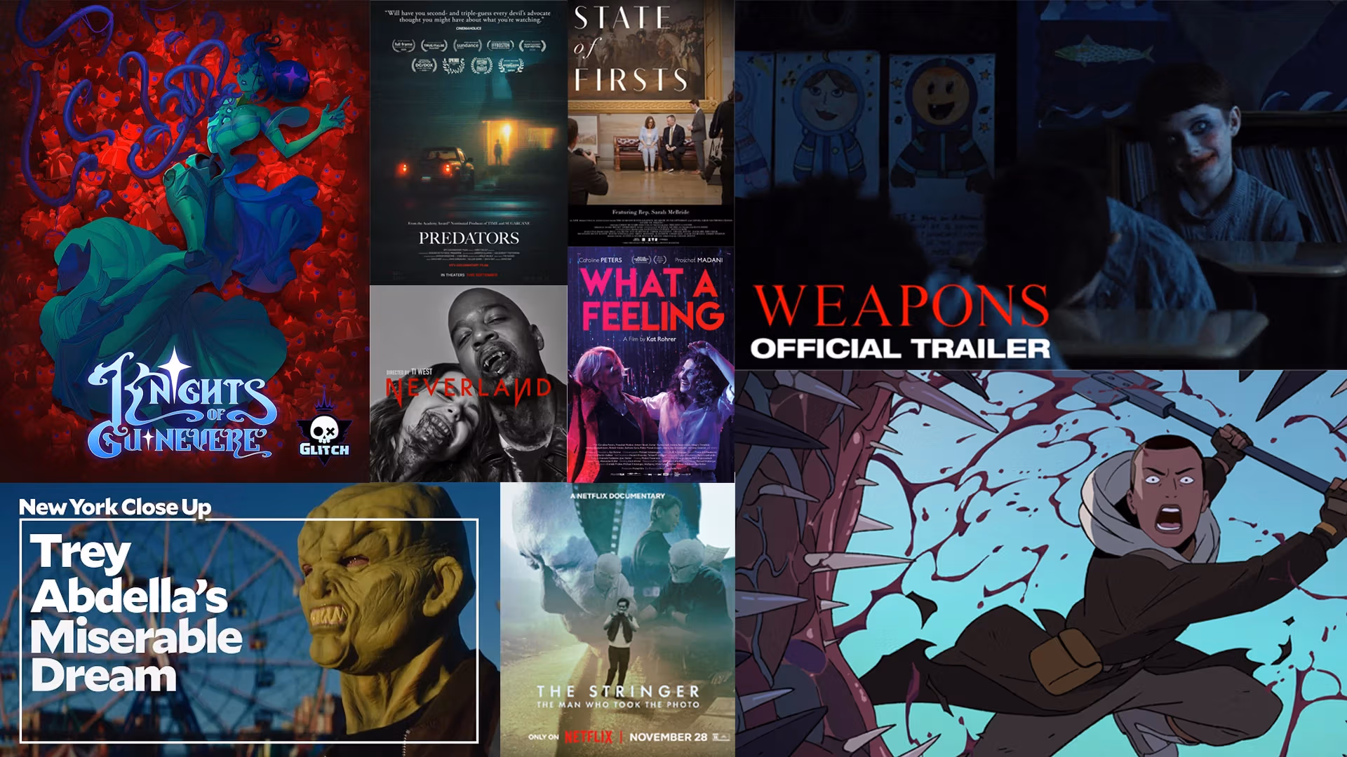 A collage of thumbnails and posters for different films and shows that SVA alumni had a significant part in.