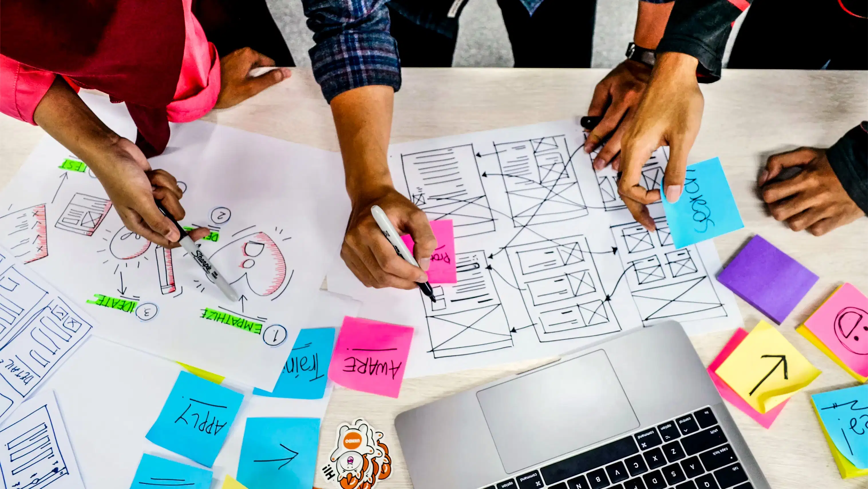 various hands working on user design maps