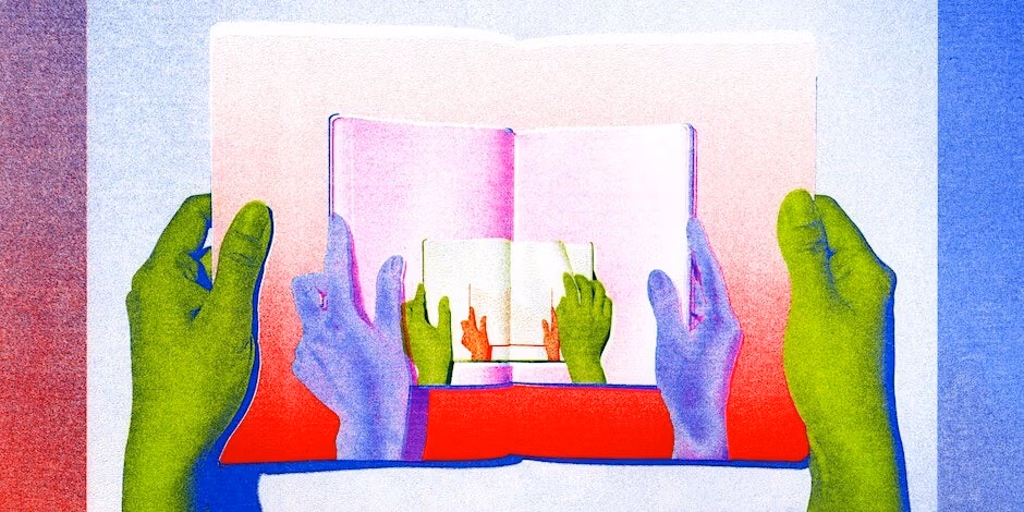 A Riso printed image of a pair of hands holding open a booklet with an image of another pair of hands holding open a booklet. This image continues on infinitely.