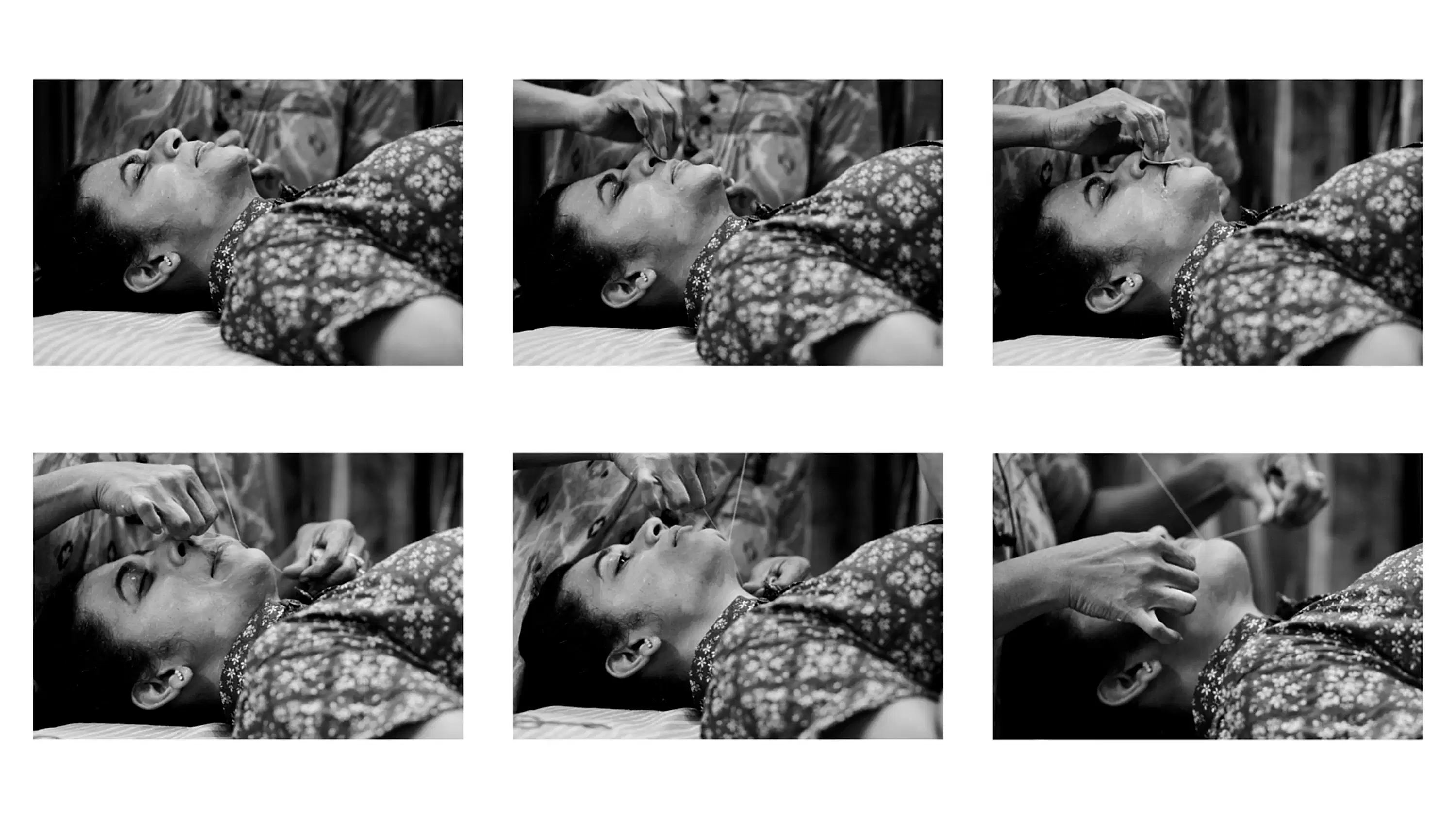 A collage of six black and white photos. Shravya is shown in all six photos, receiving facial threading from someone whose hands are in the frame. In the photos, Shravya wears a shirt with a floral pattern, keeps long hair, and has three piercings on her right ear. 