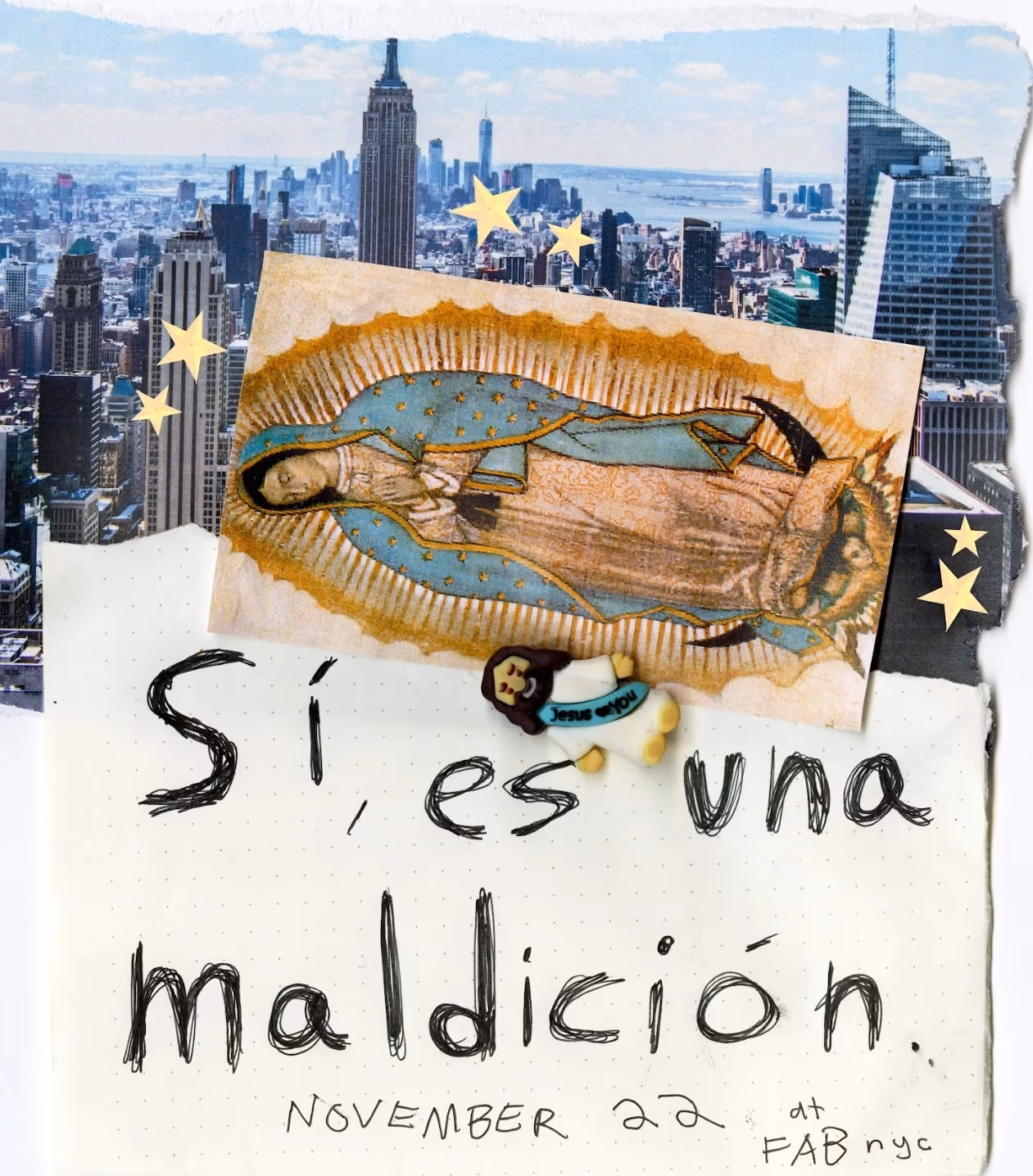 Poster for the play which shows the New York skyline with an inversted postcard of a virgin over it.