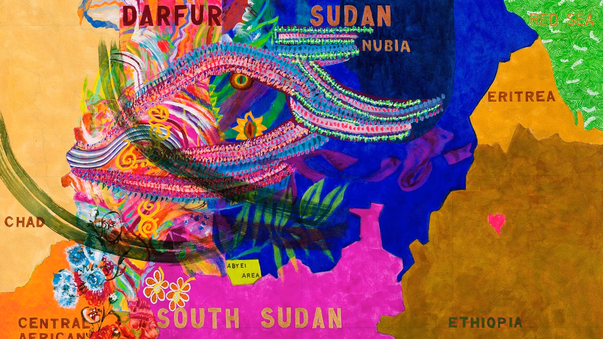 A painting by Joyce Kozloff depicting a map of a selection of countries in Africa.