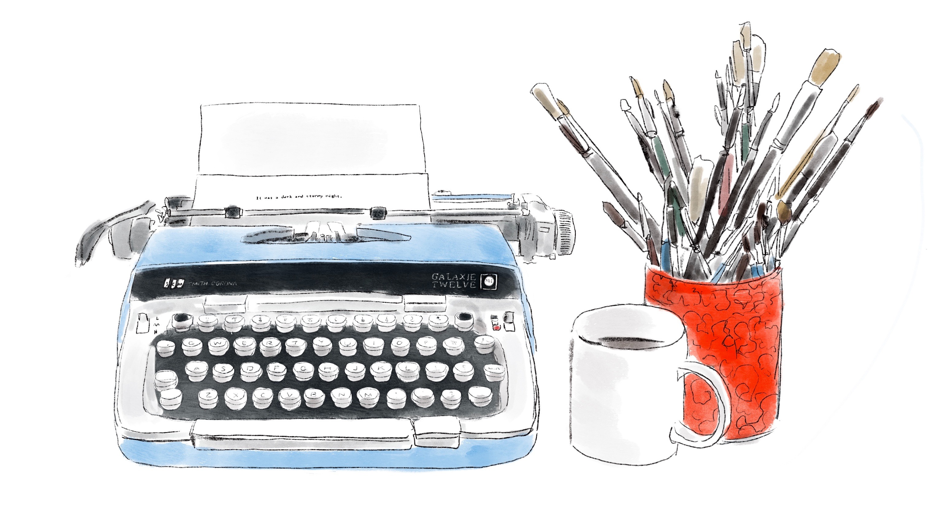 drawing of a typewriter and cup of brushes and coffee mug