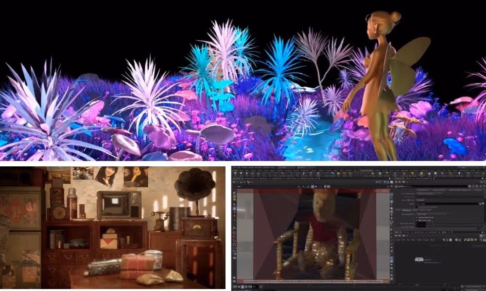 Three images of 3D animation renderings. 