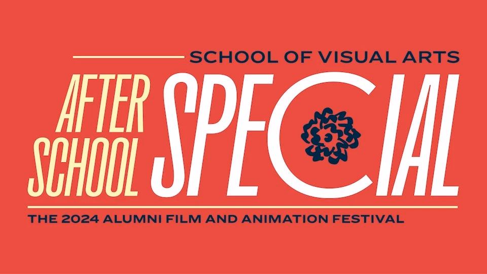 A red image with yellow text on it that reads "After School" and white text that reads "special" with the SVA flower logo in the "C"