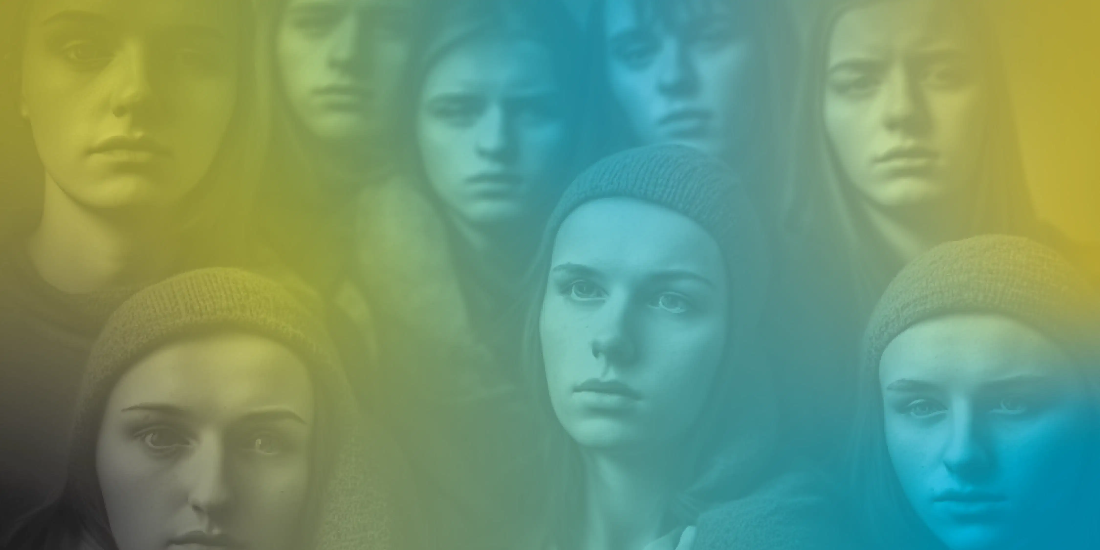 Eight floating faces made by Artificial Intelligence app, with blue and green hued overlay. 