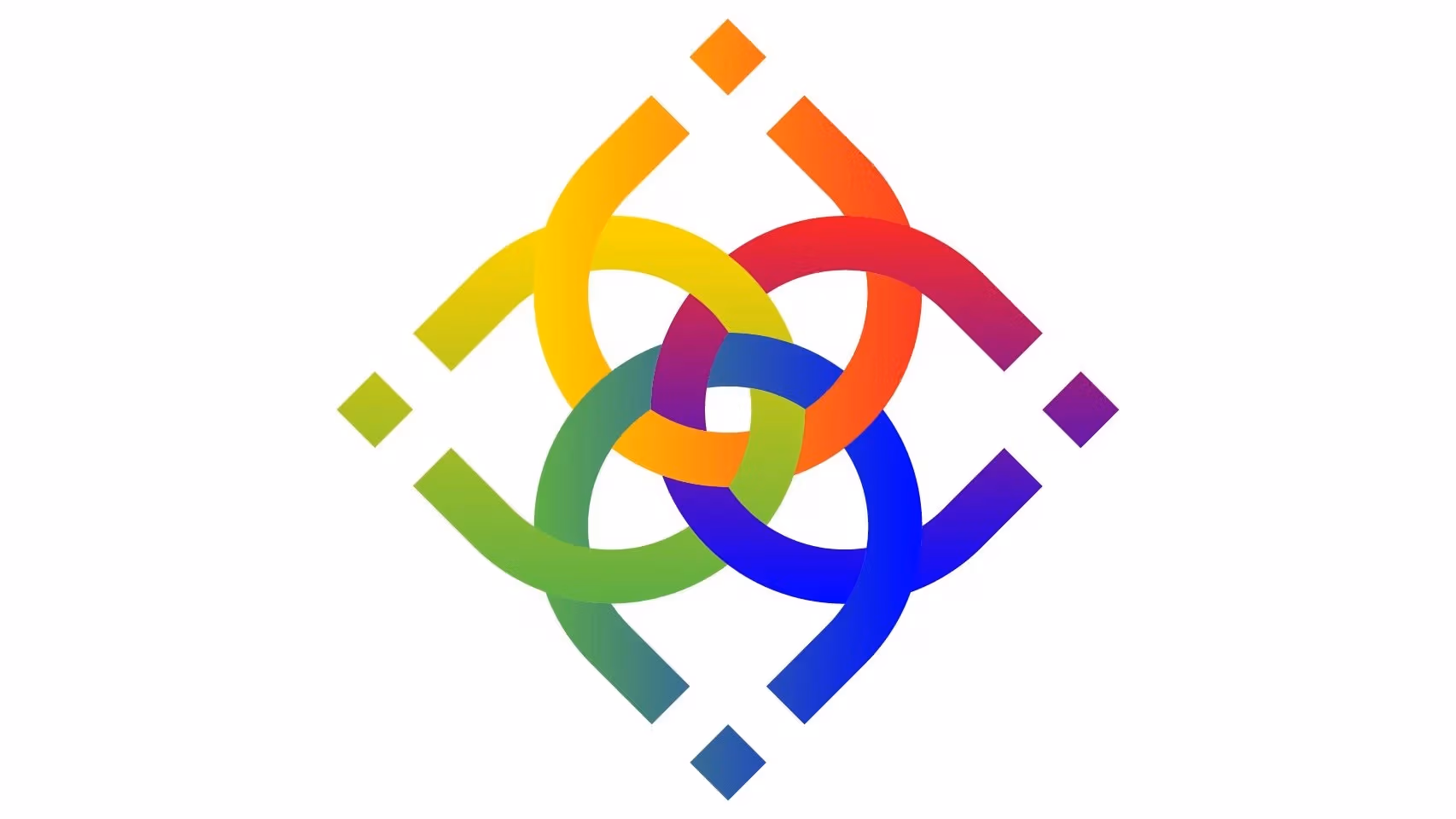 SVA MFA Computer Arts logo, showing four intertwined elliptical "horseshoe" shapes, each terminating in an offset geometric diamond, with a full rainbow gradient spanning the intersecting lines.
