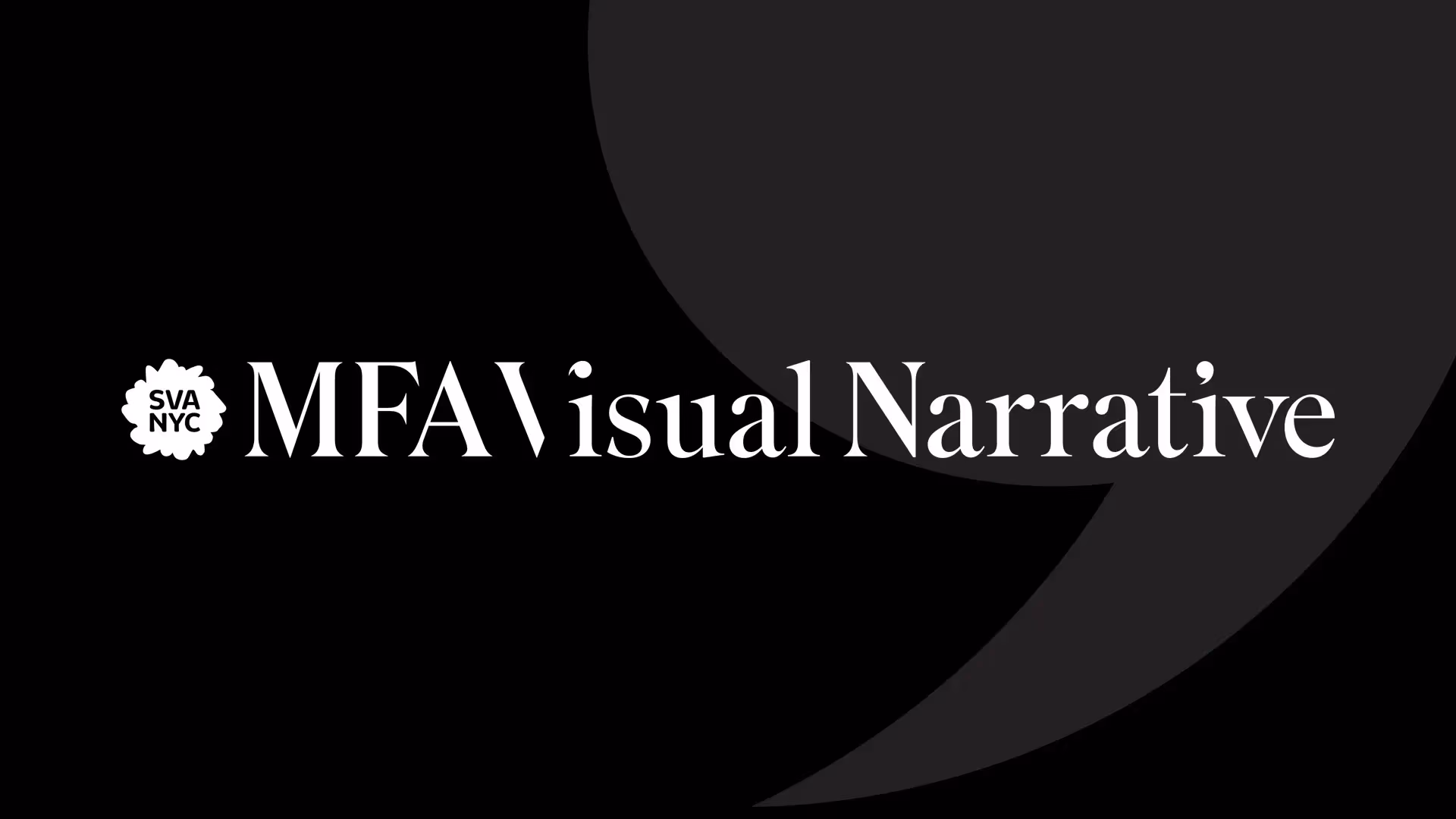 MFA Visual Narrative department title in a serif font, with the SVA NYC flower logo to its immediate left. Overlaid on the dark background is a faint single quotation mark.