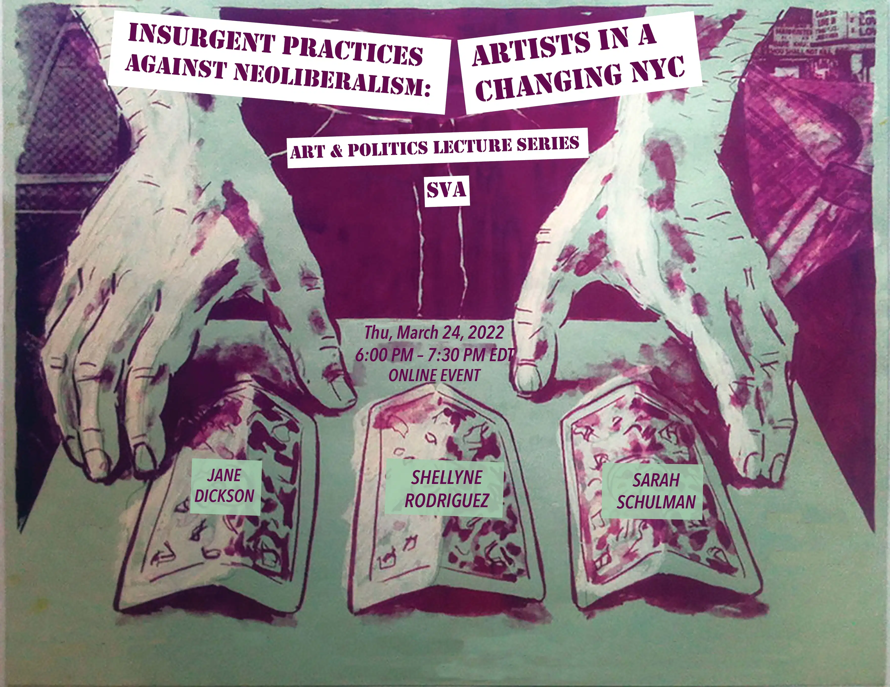 info graphic with hands setting out cards, listing the speakers