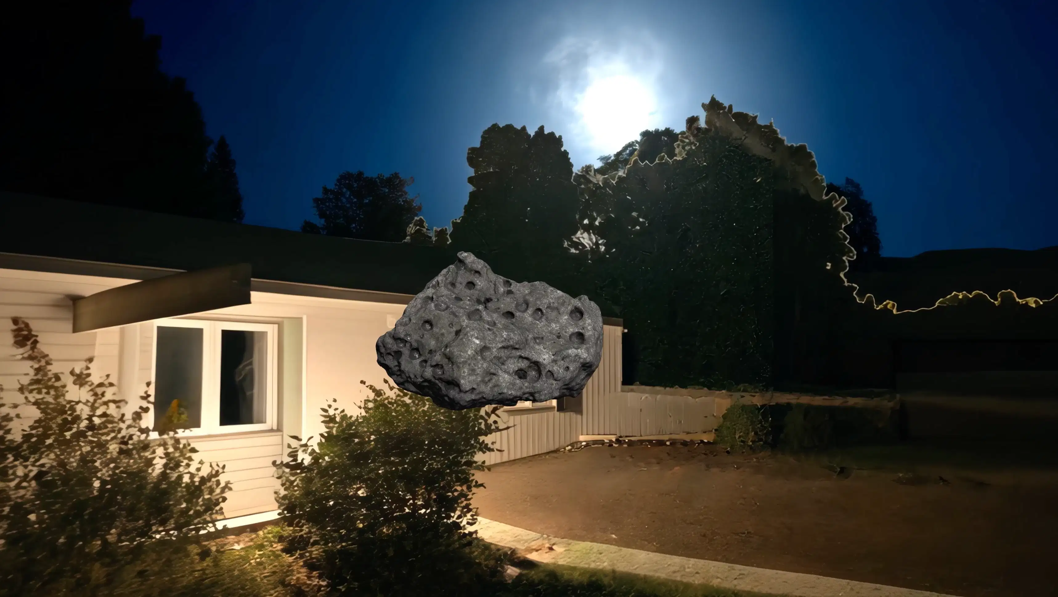 A nighttime scene with a house illuminated by exterior lights. The sky is dark blue with a glowing full moon shining above trees. In the foreground, a large gray rock with crater-like holes appears digitally inserted, floating in mid-air in front of the house.