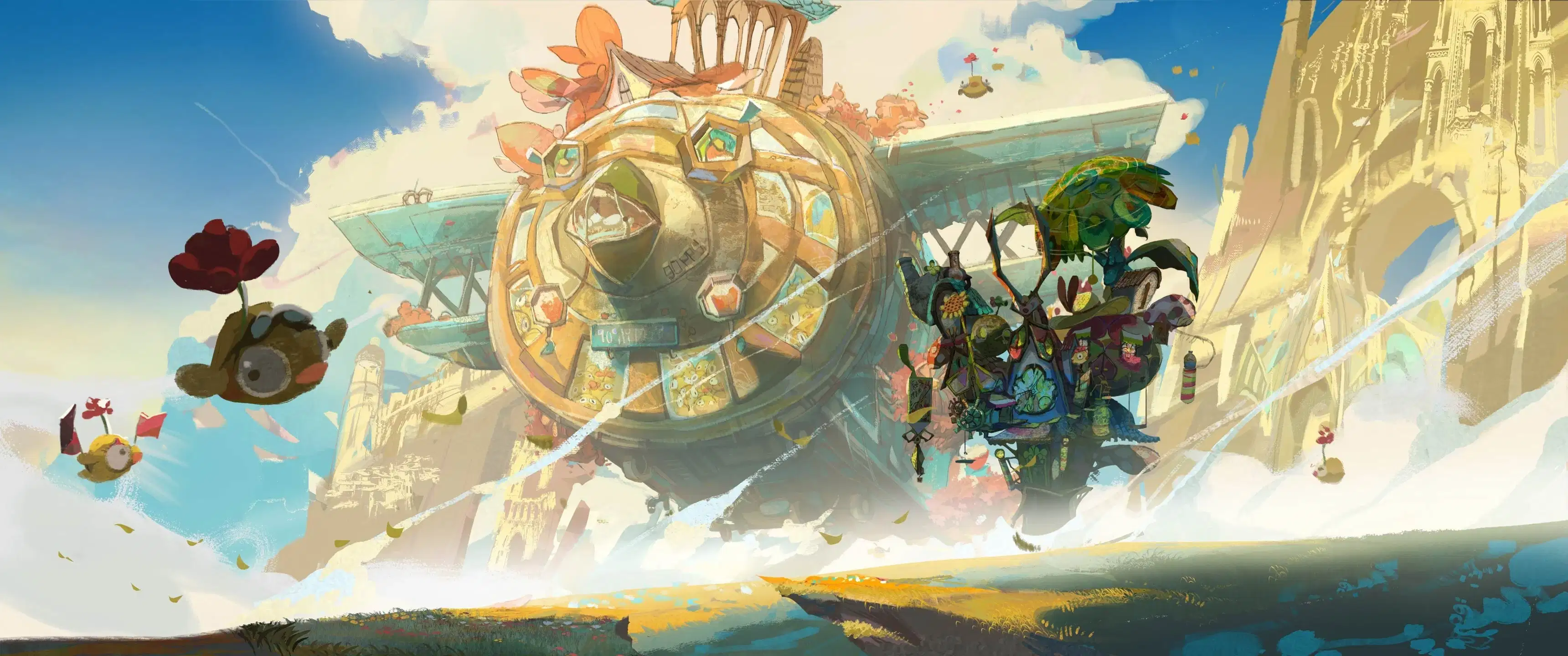 A large, whimsical flying machine shaped like a bear head soars through the sky, accompanied by floating animals with balloons and figures riding a smaller contraption in a colorful fantasy landscape.