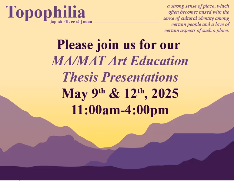 Purple canyons and a yellow background. The words Topophilia, the explanation and the details for the invite are included in the image.